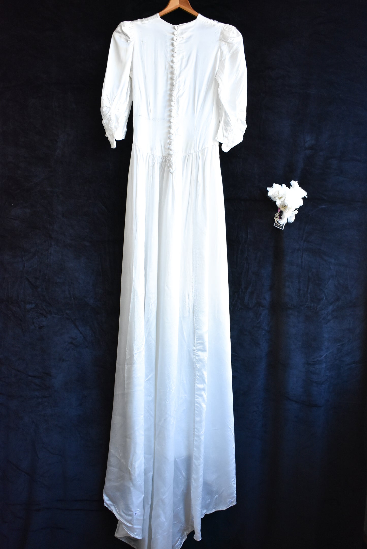Vintage wedding dress (1947) slip, shoes, feather bouquet and photos