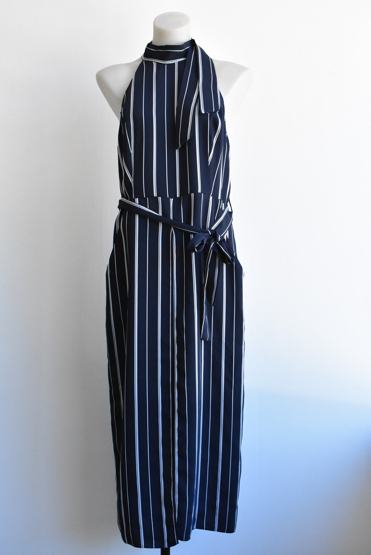 River Island striped blue split-skirt dress with pockets, size 14