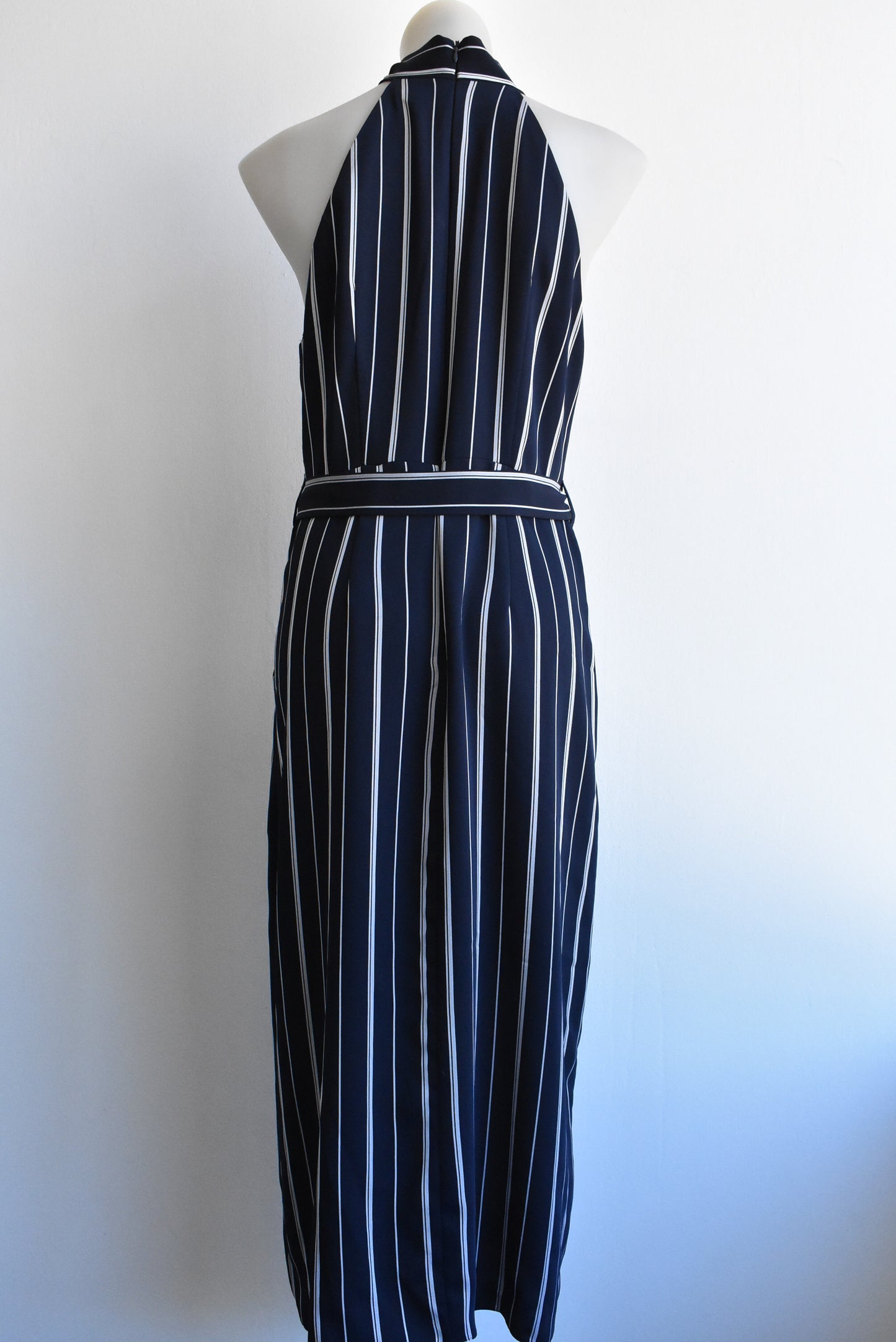River Island striped blue split-skirt dress with pockets, size 14