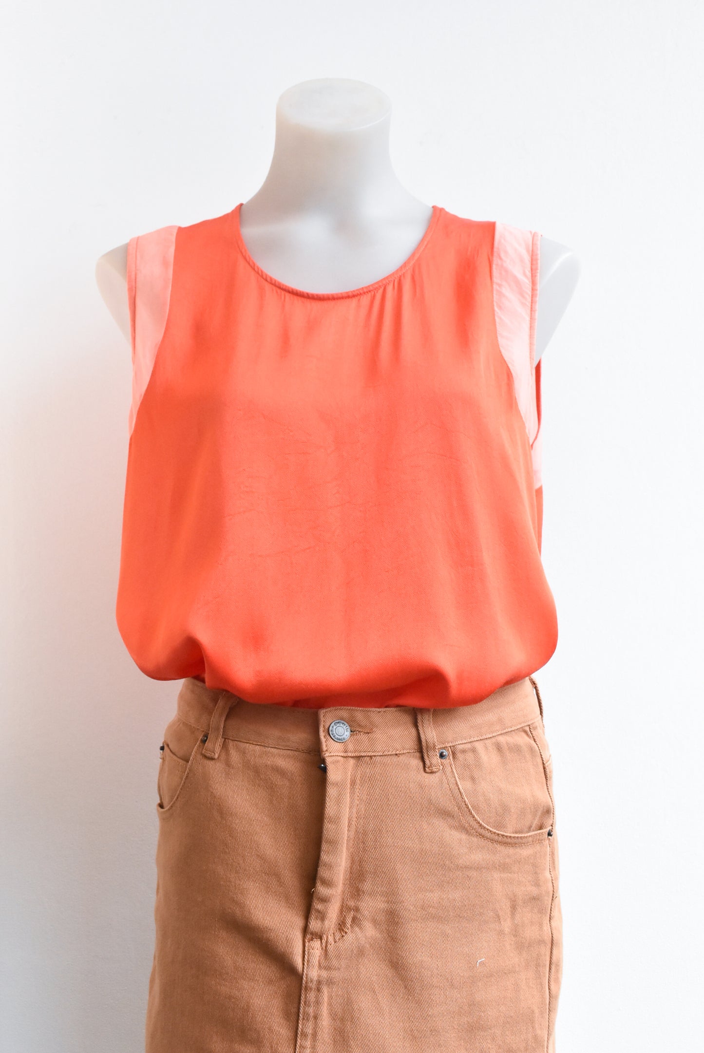 Macjays orange silk-trimmed sleeveless top, size 14