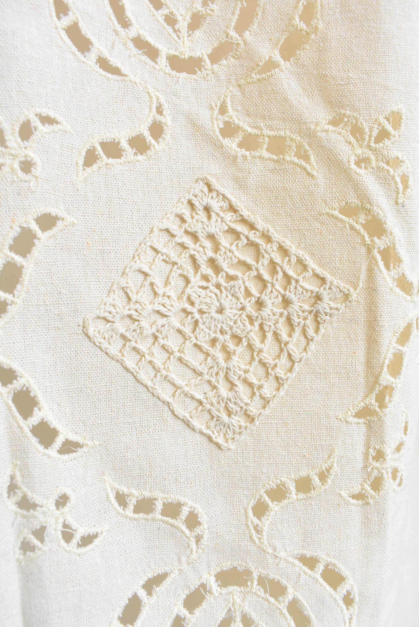 Pair of cotton tab curtains with macramé and beaded fringe