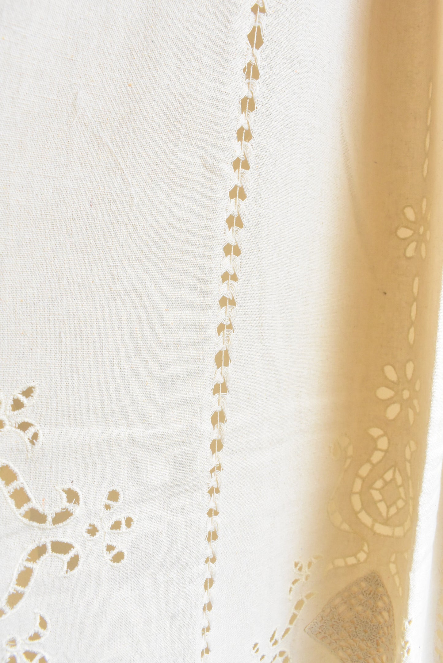 Pair of cotton tab curtains with macramé and beaded fringe
