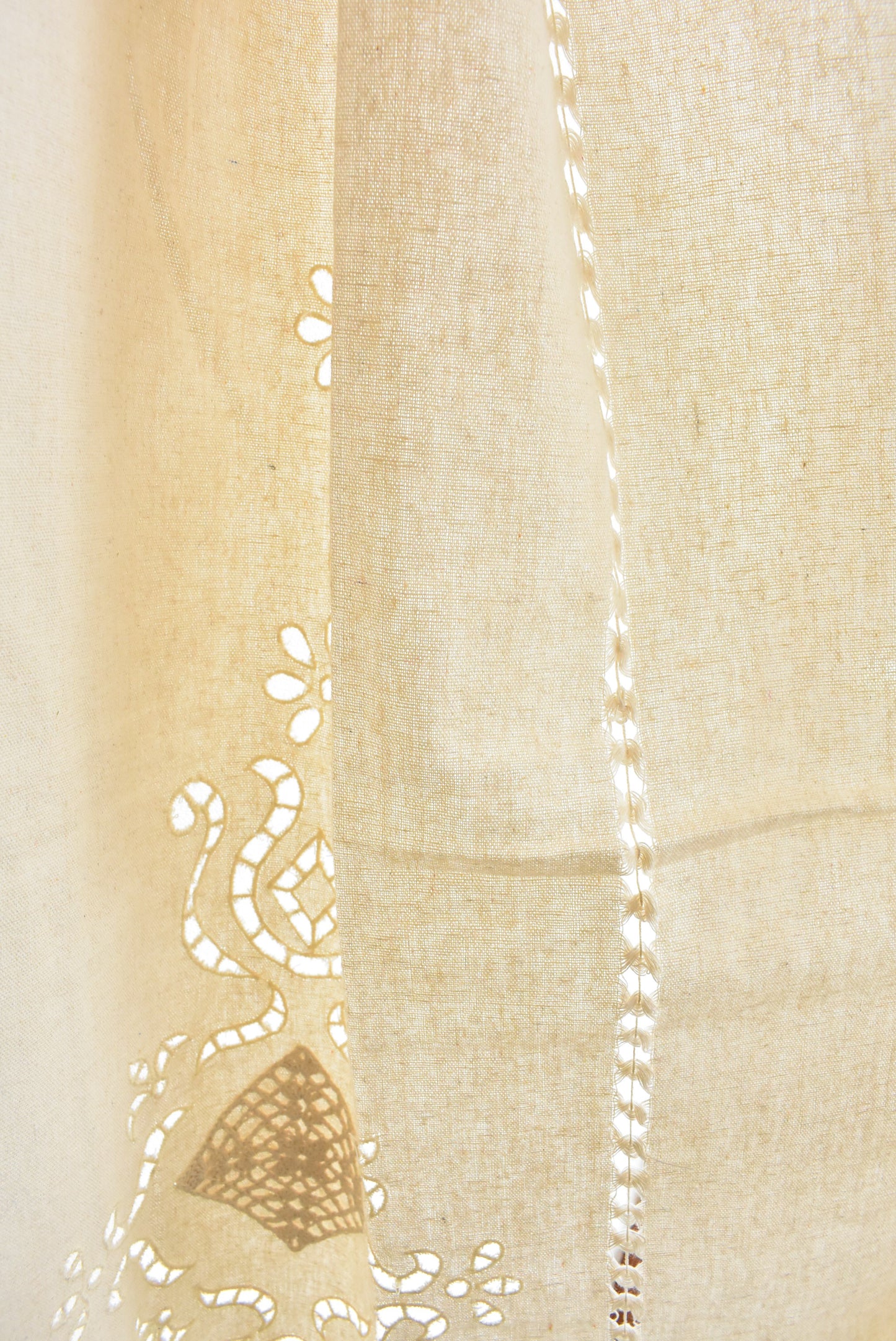 Pair of cotton tab curtains with macramé and beaded fringe