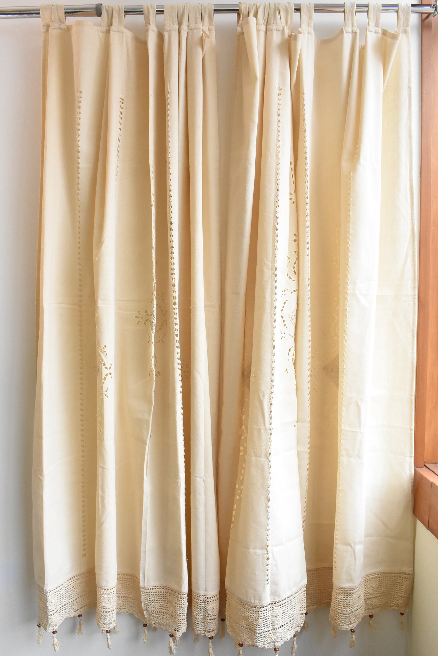 Pair of cotton tab curtains with macramé and beaded fringe