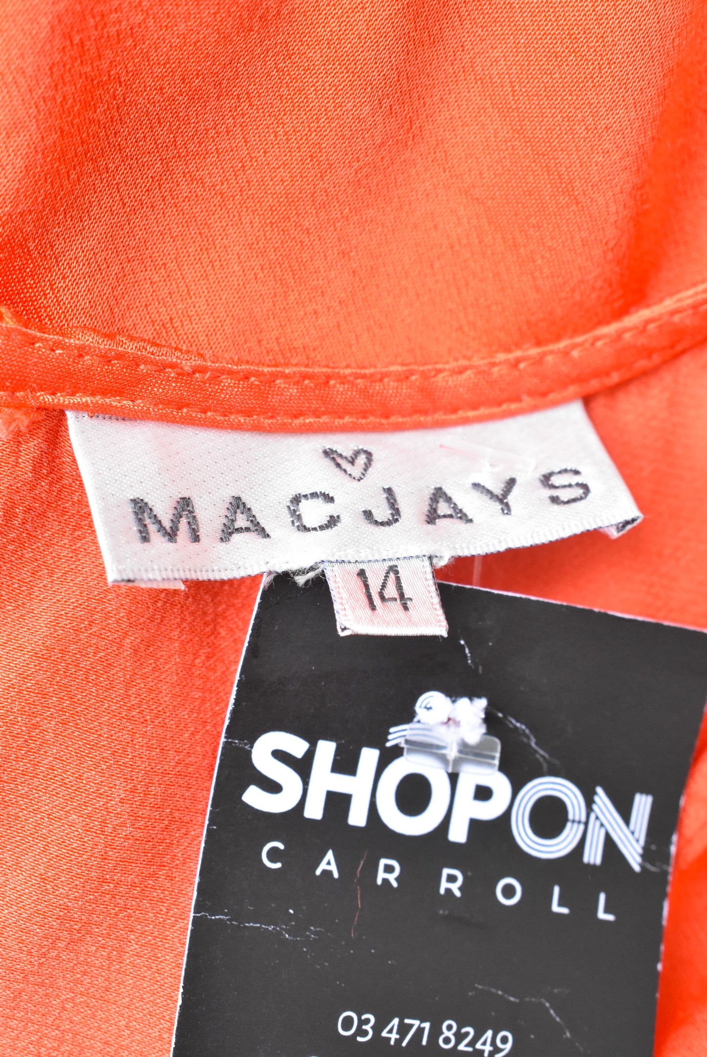 Macjays orange silk-trimmed sleeveless top, size 14