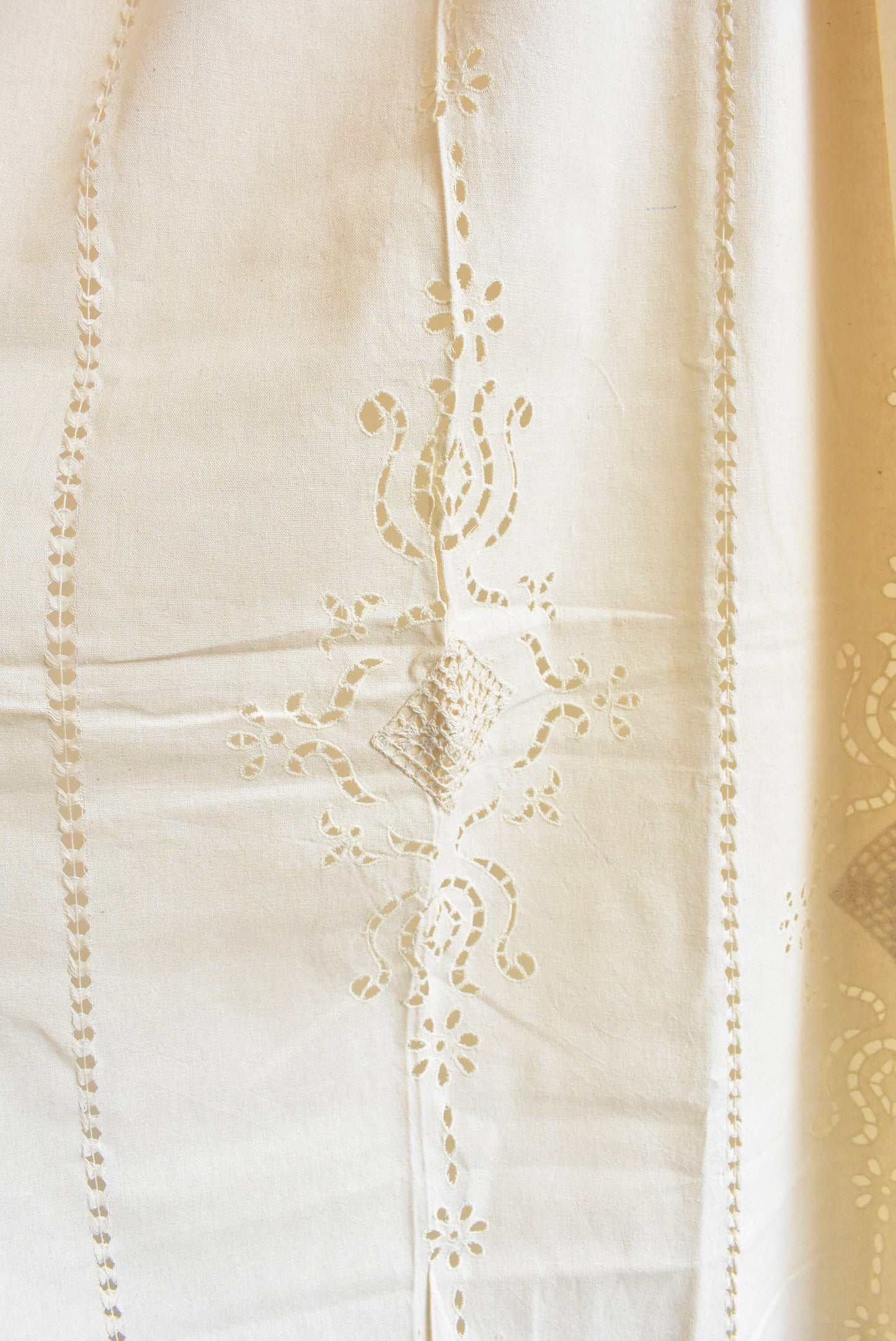 Pair of cotton tab curtains with macramé and beaded fringe