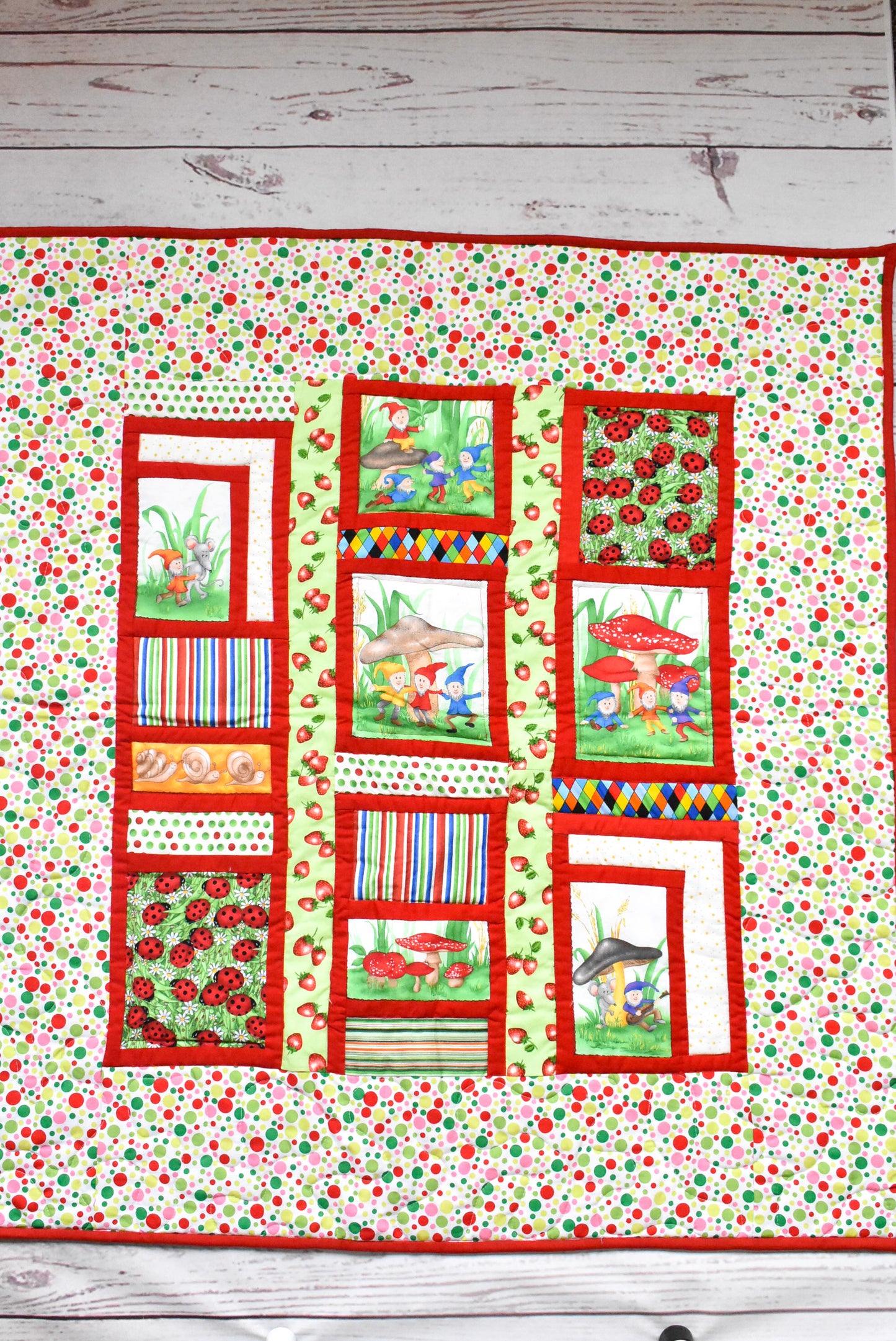 Patchwork quilt with gnomes