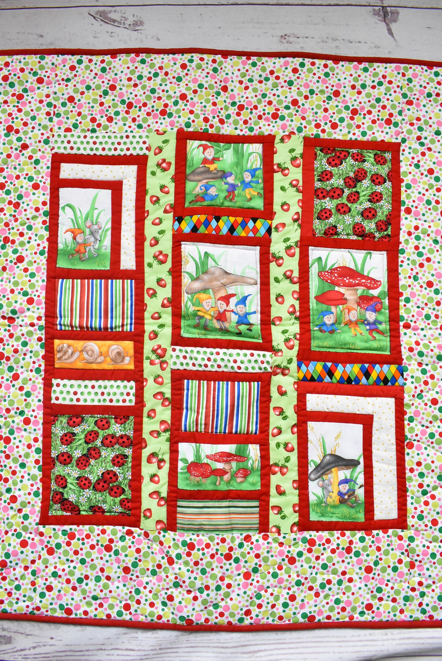 Patchwork quilt with gnomes