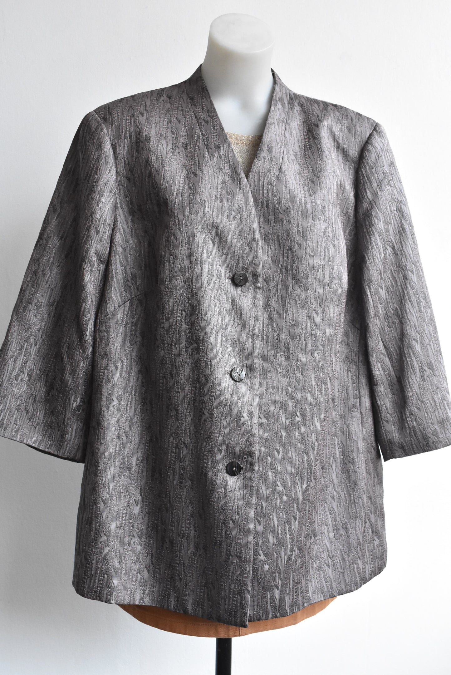 Susan Blake brocade three button collarless blazer, 18