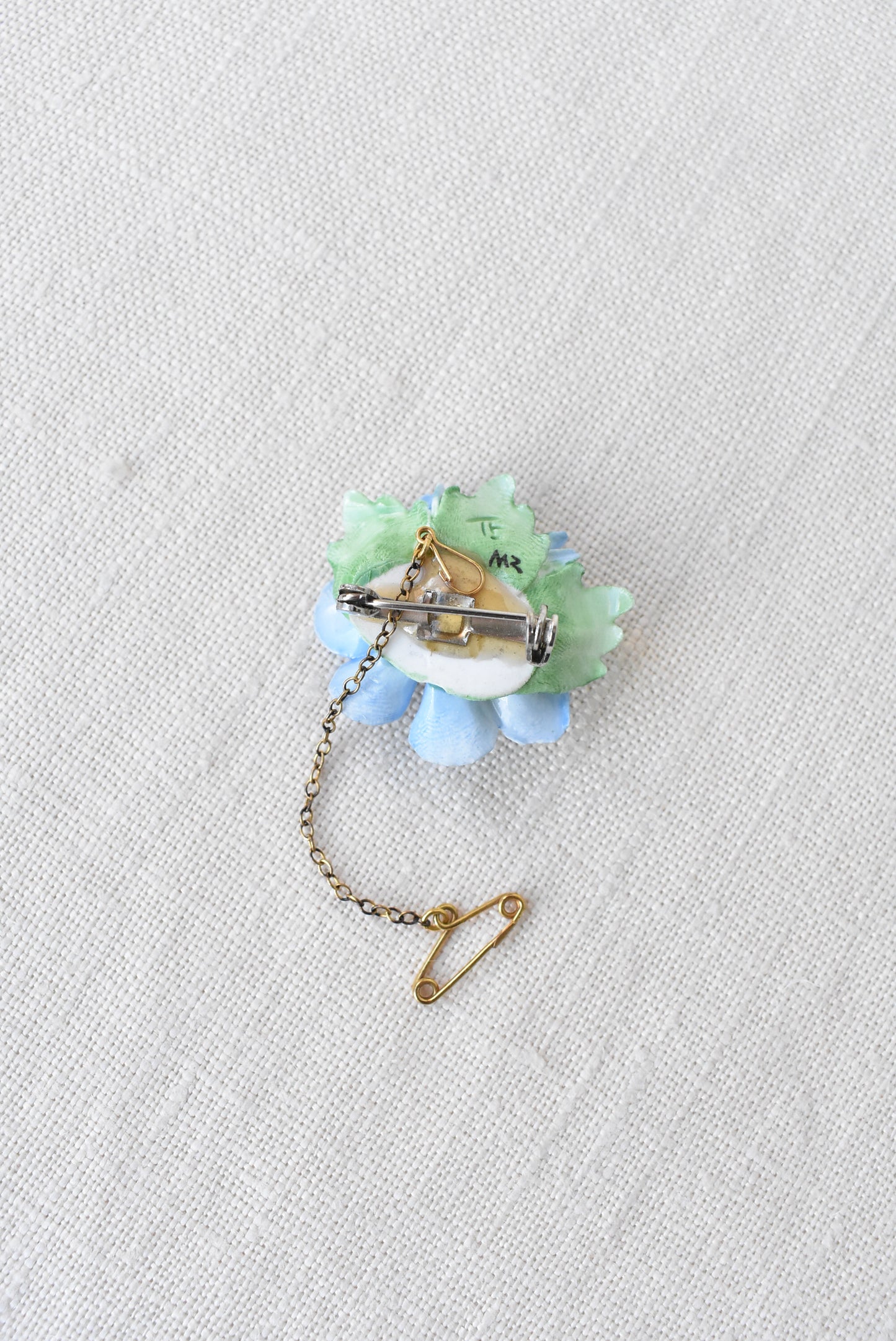 Crown English China and glass blue flower brooch