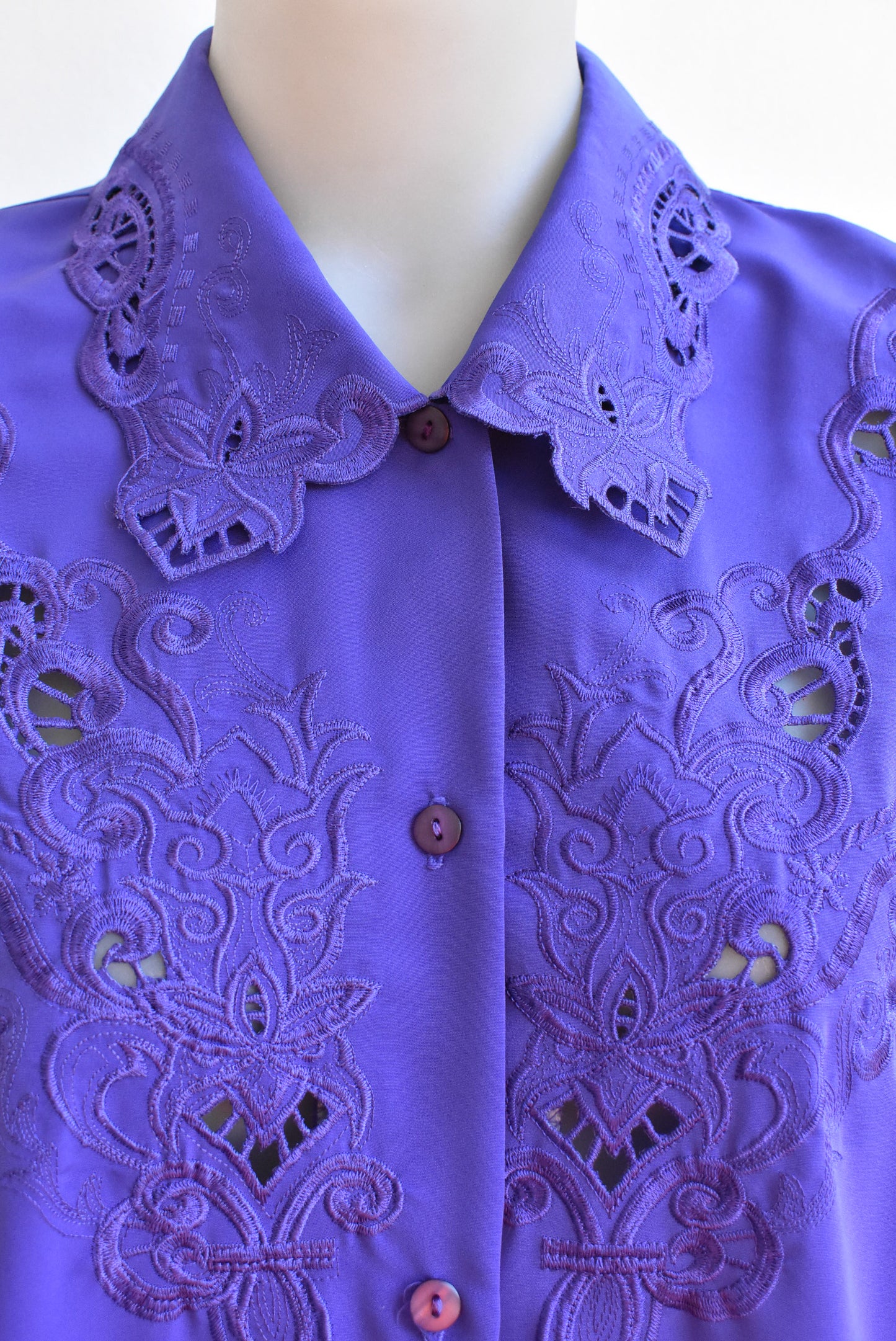 Retro purple embroidered blouse, size 15