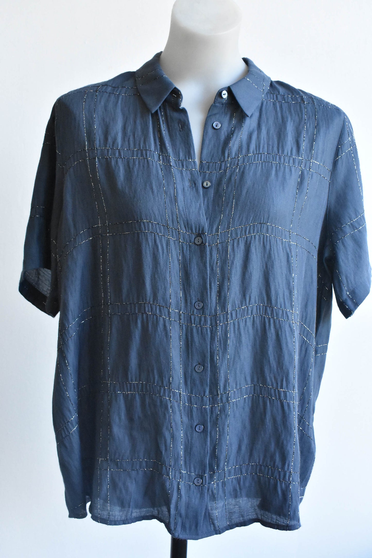 Indigo Collection blue metallic plaid shirt, size 14