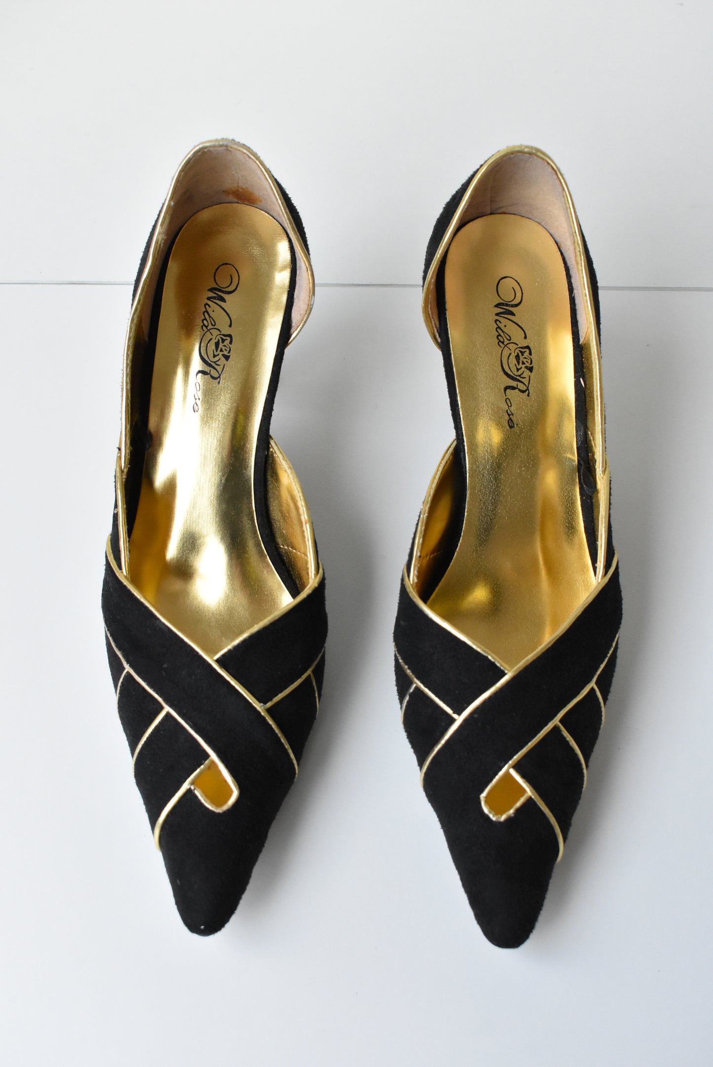 Wild Rose black and gold suede heels, size 8