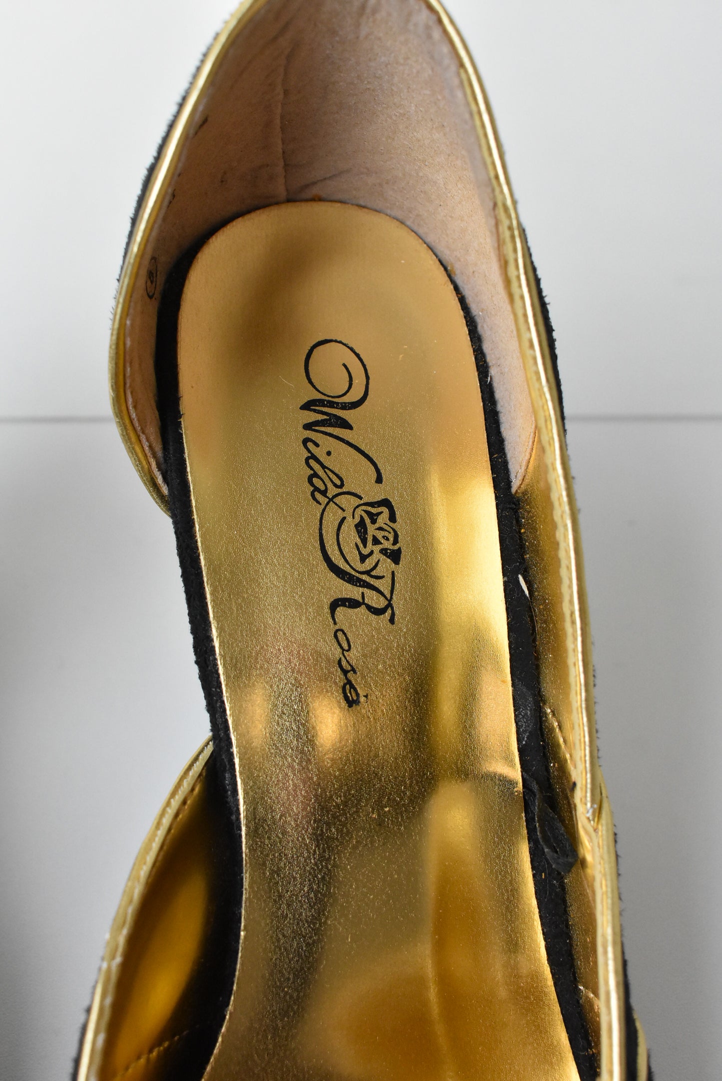 Wild Rose black and gold suede heels, size 8