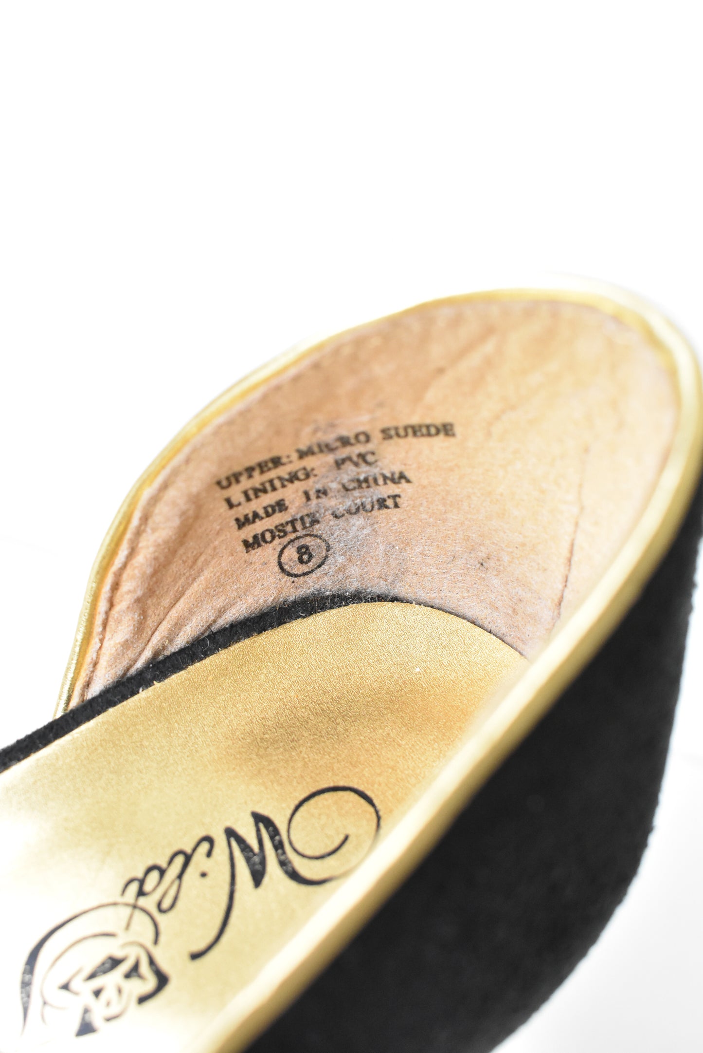 Wild Rose black and gold suede heels, size 8