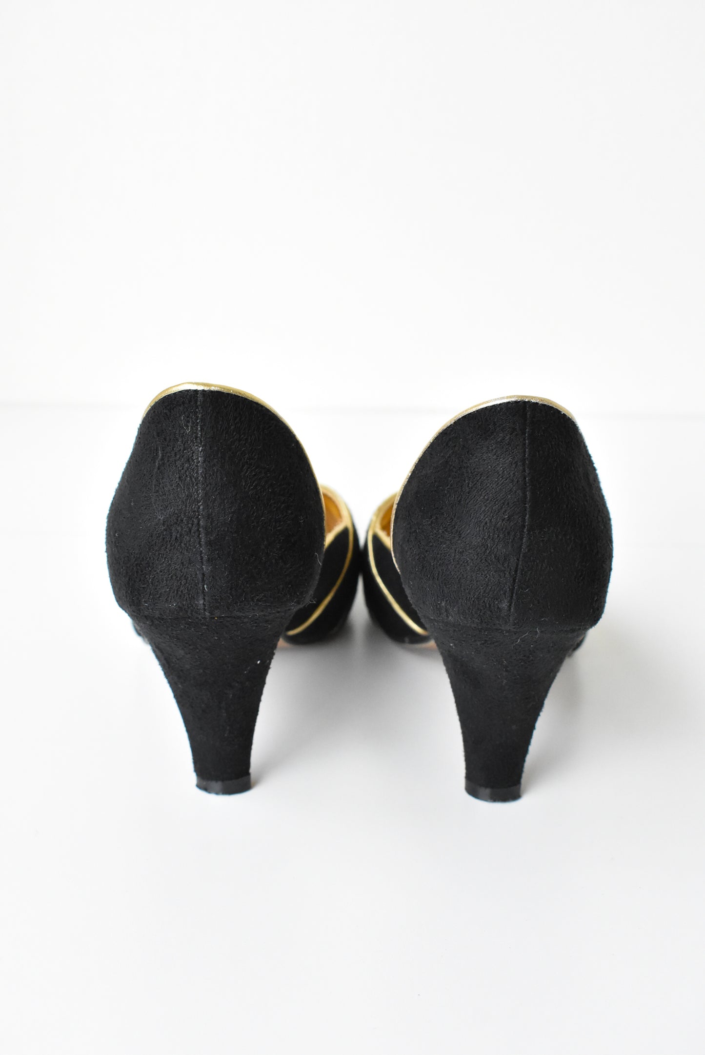 Wild Rose black and gold suede heels, size 8