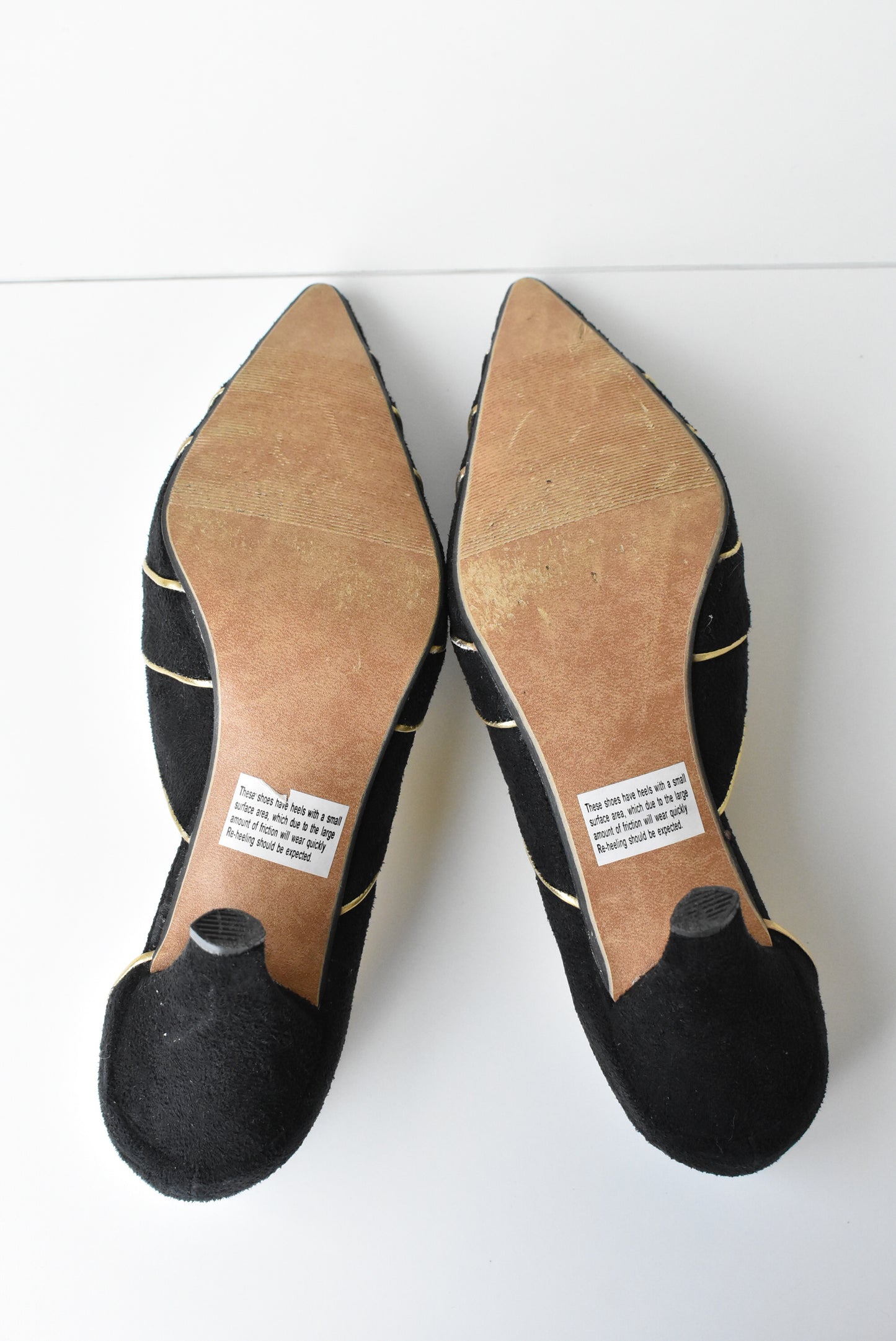 Wild Rose black and gold suede heels, size 8