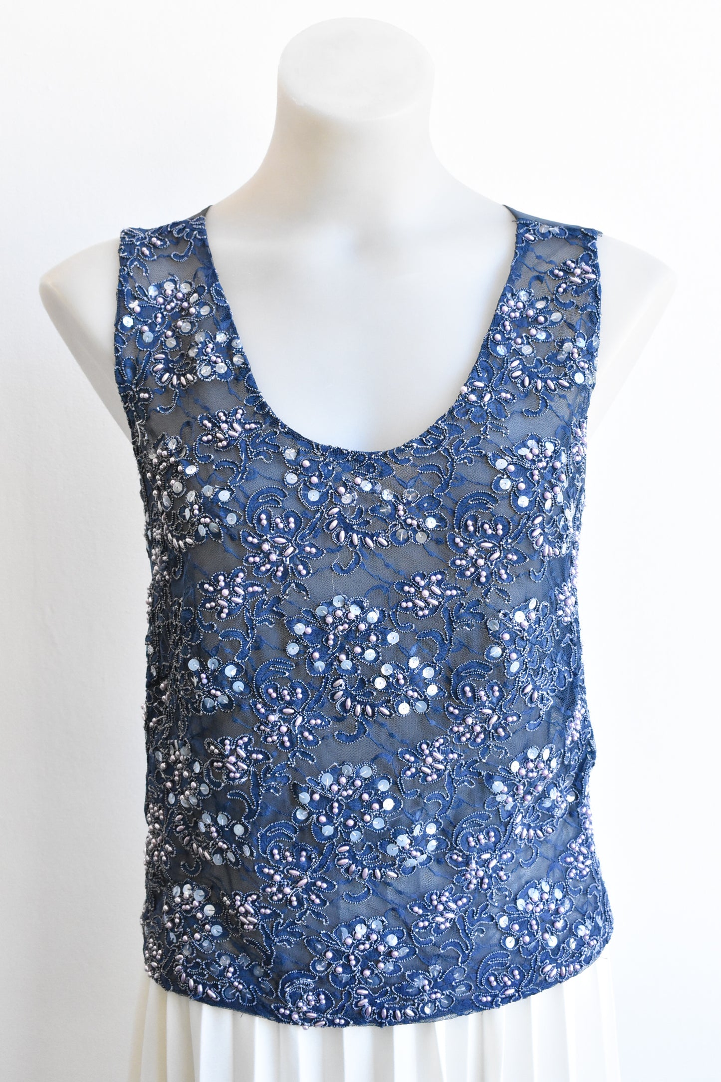 Carlson ink blue lace beaded top, size S