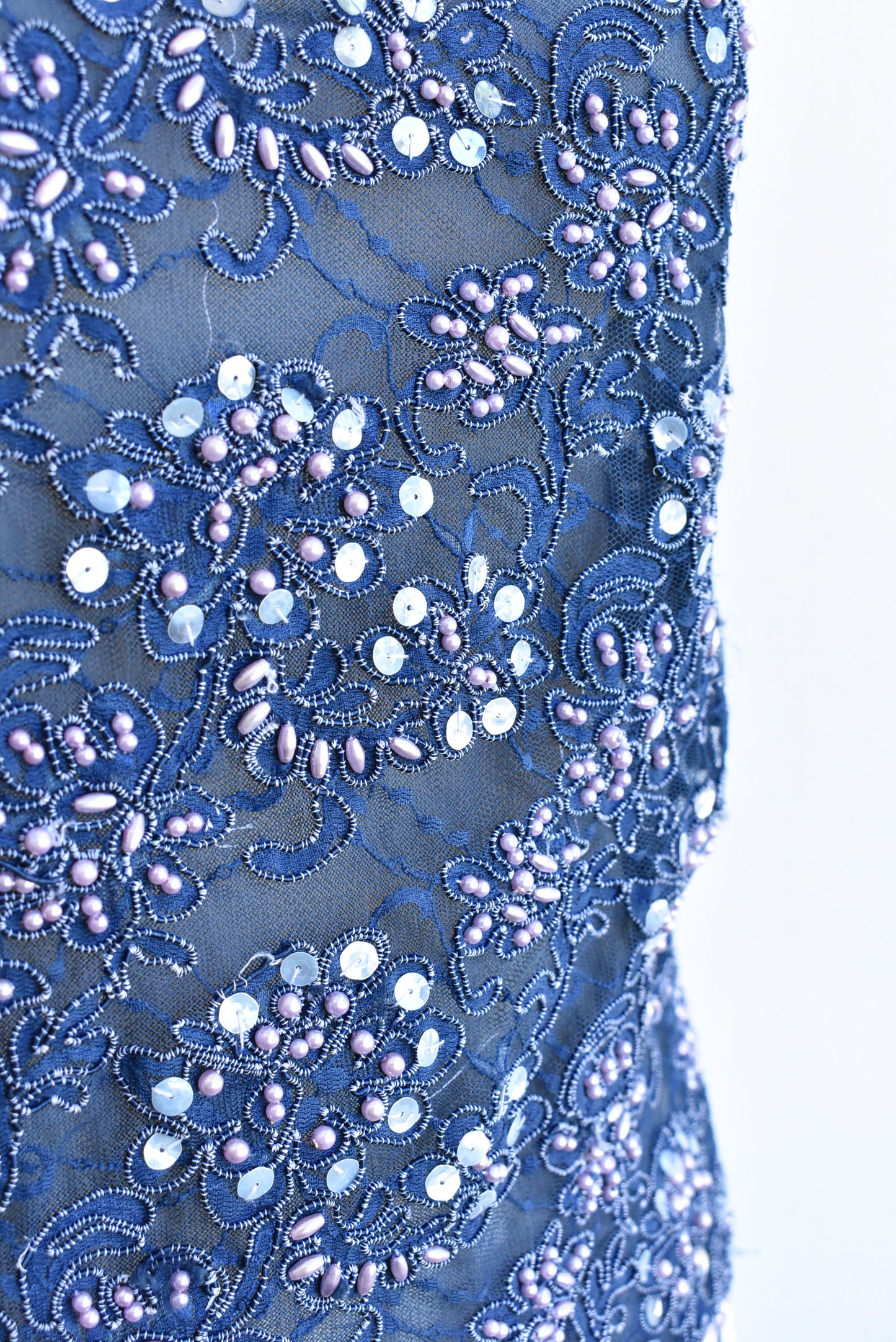 Carlson ink blue lace beaded top, size S