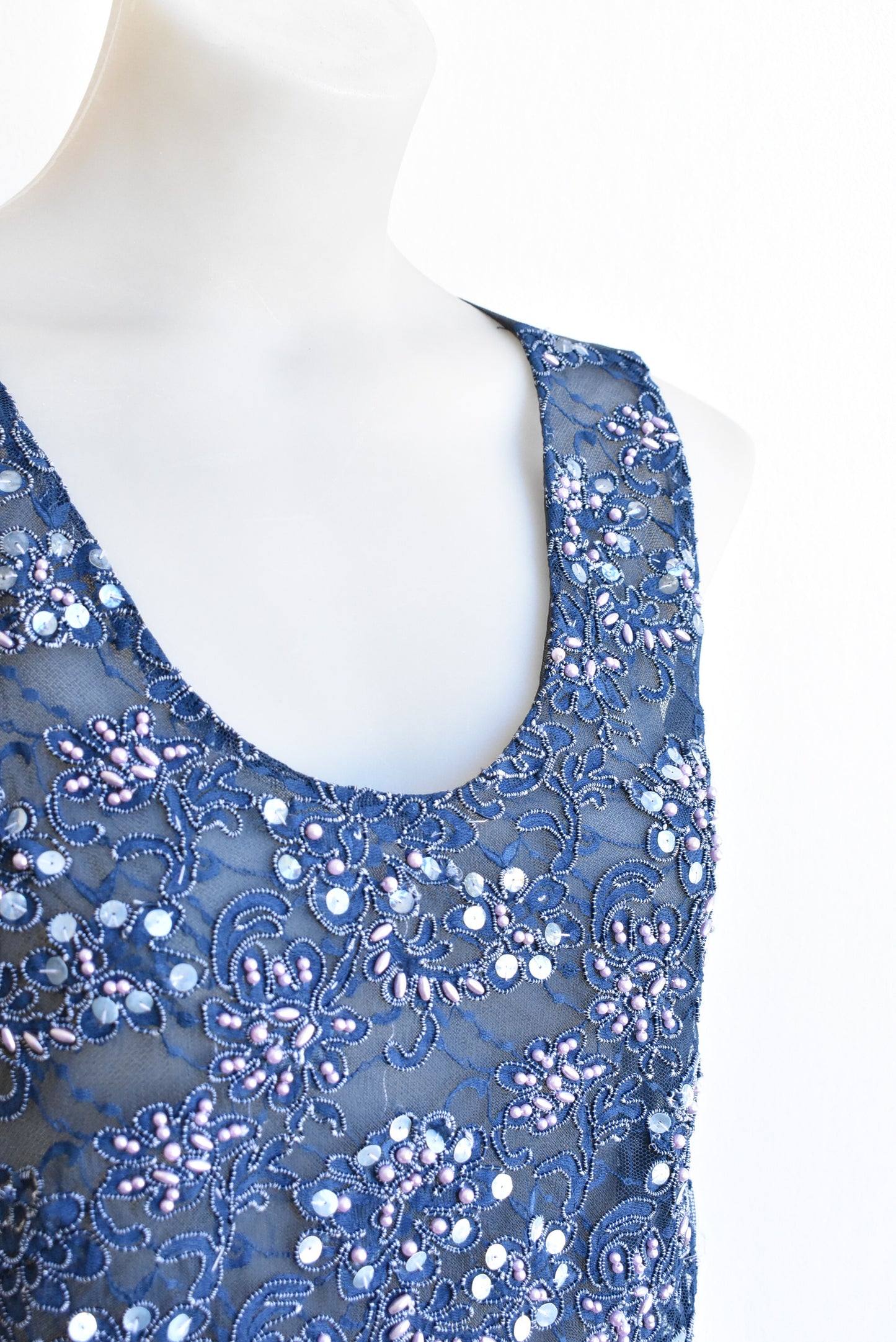 Carlson ink blue lace beaded top, size S