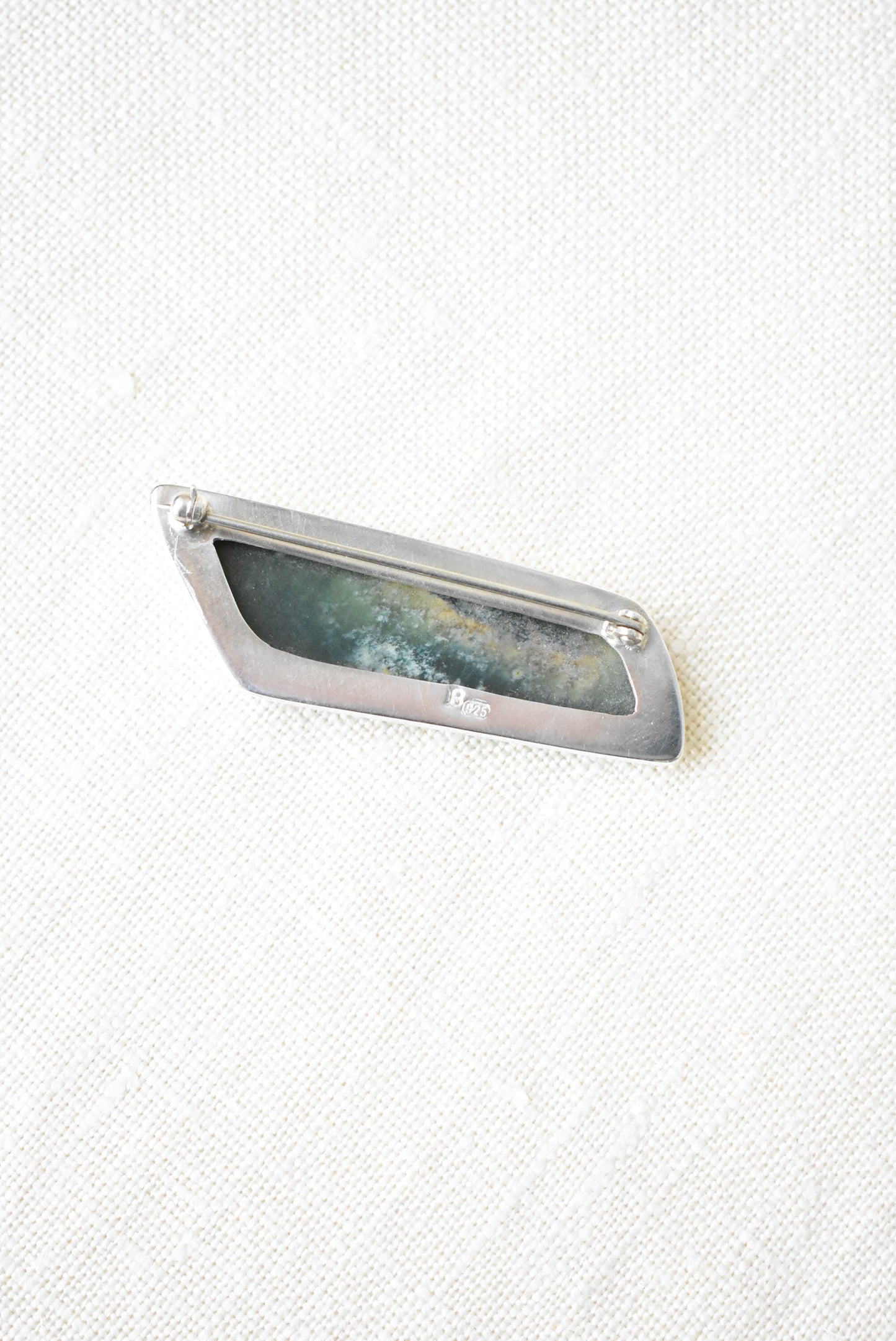 Bob Wyber 925 silver and pounamu greenstone trapezium brooch