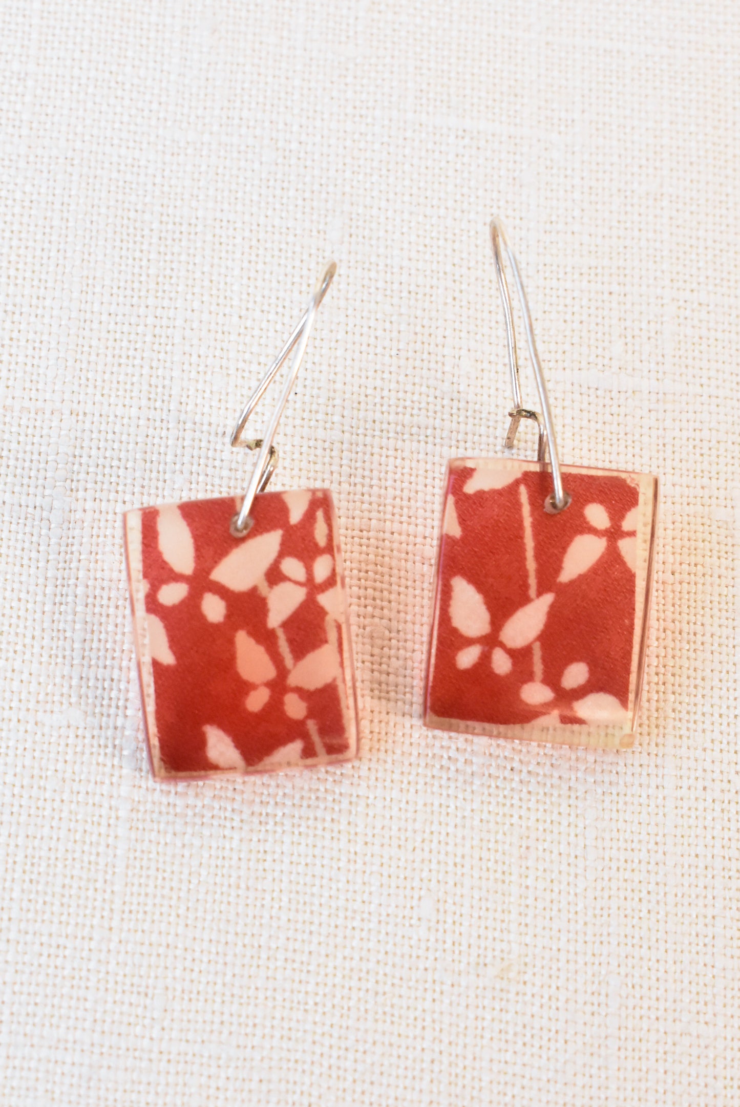 Red rectangle hook earrings