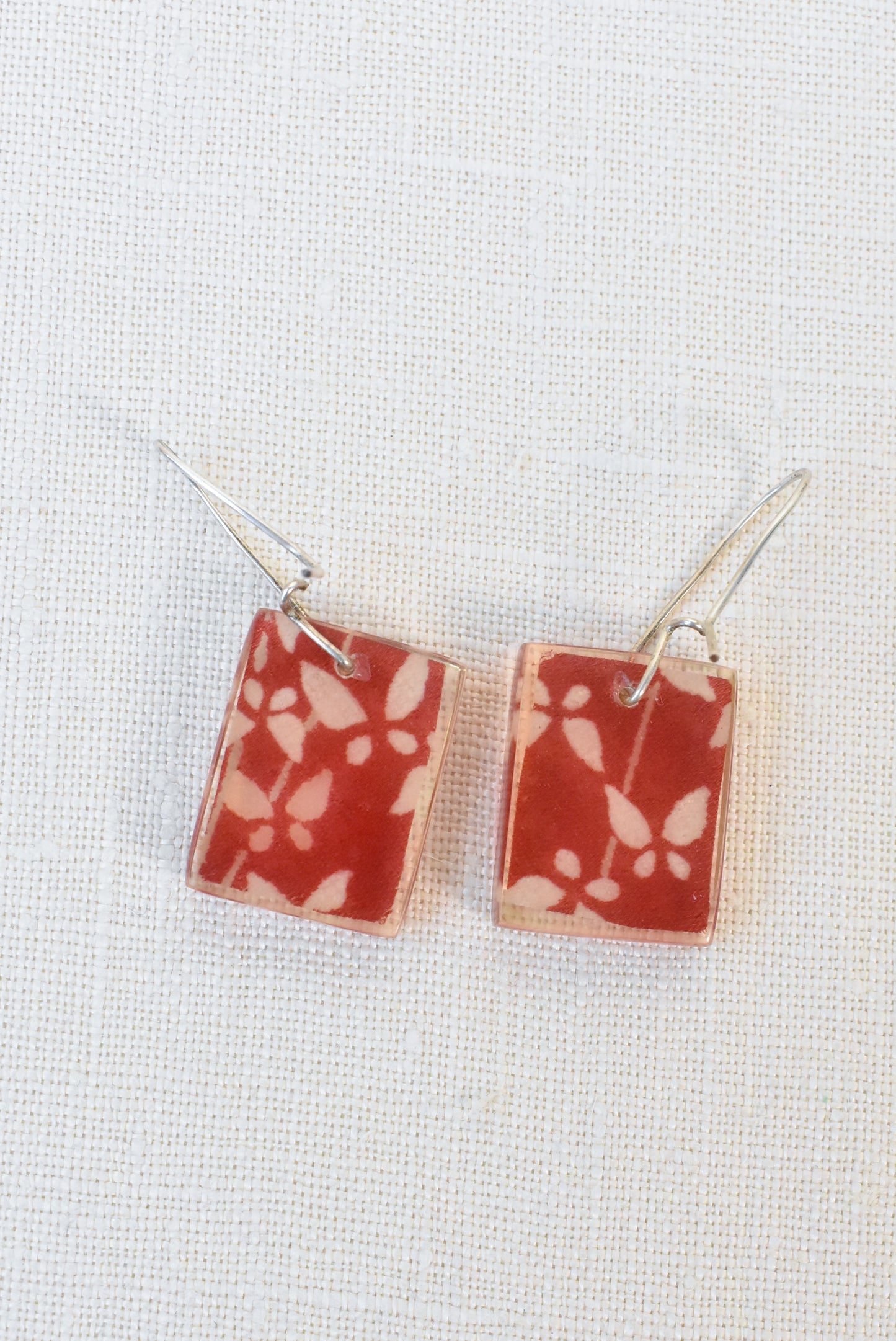 Red rectangle hook earrings