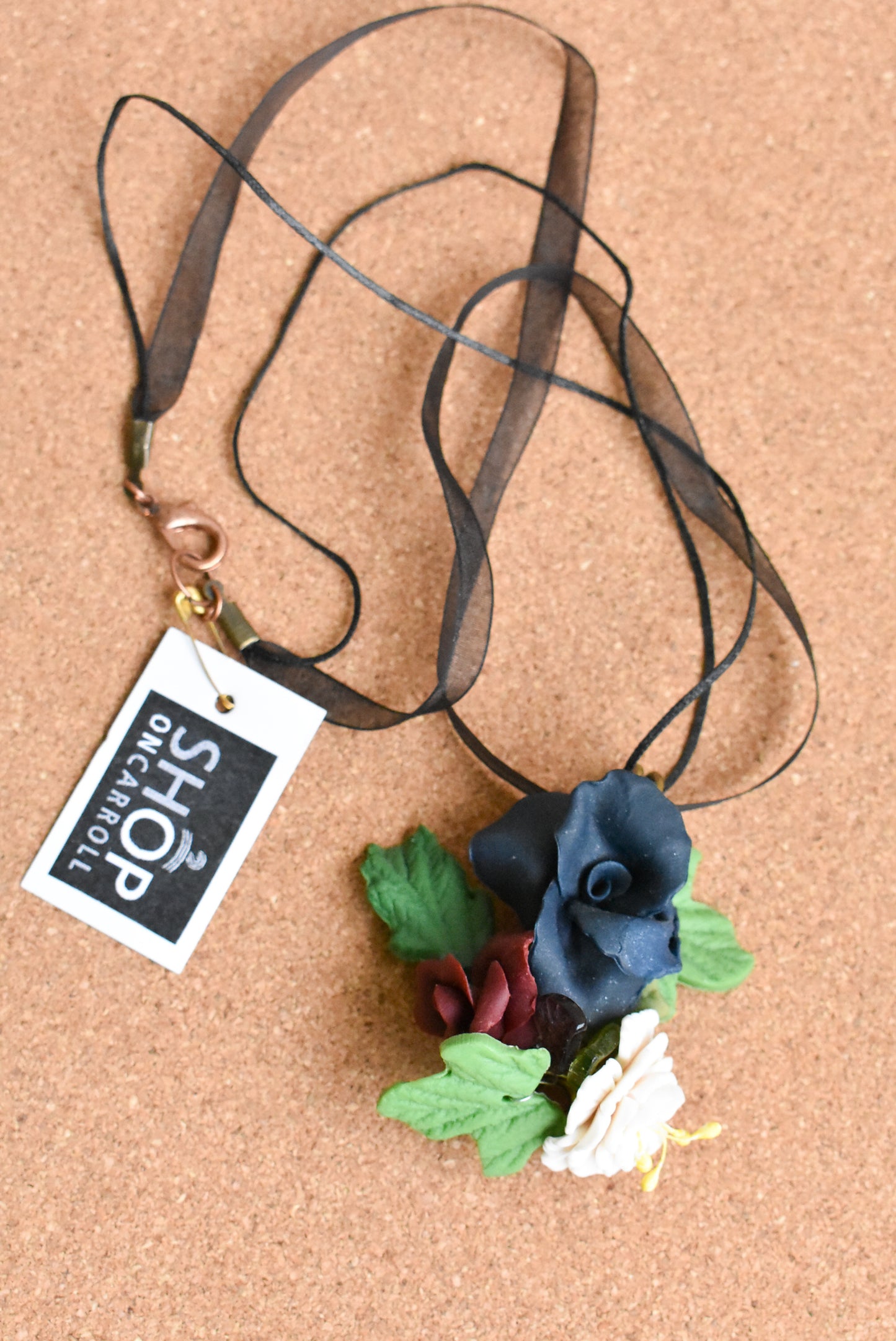 Ceramic flower ribbon necklace with large blue and white flowers