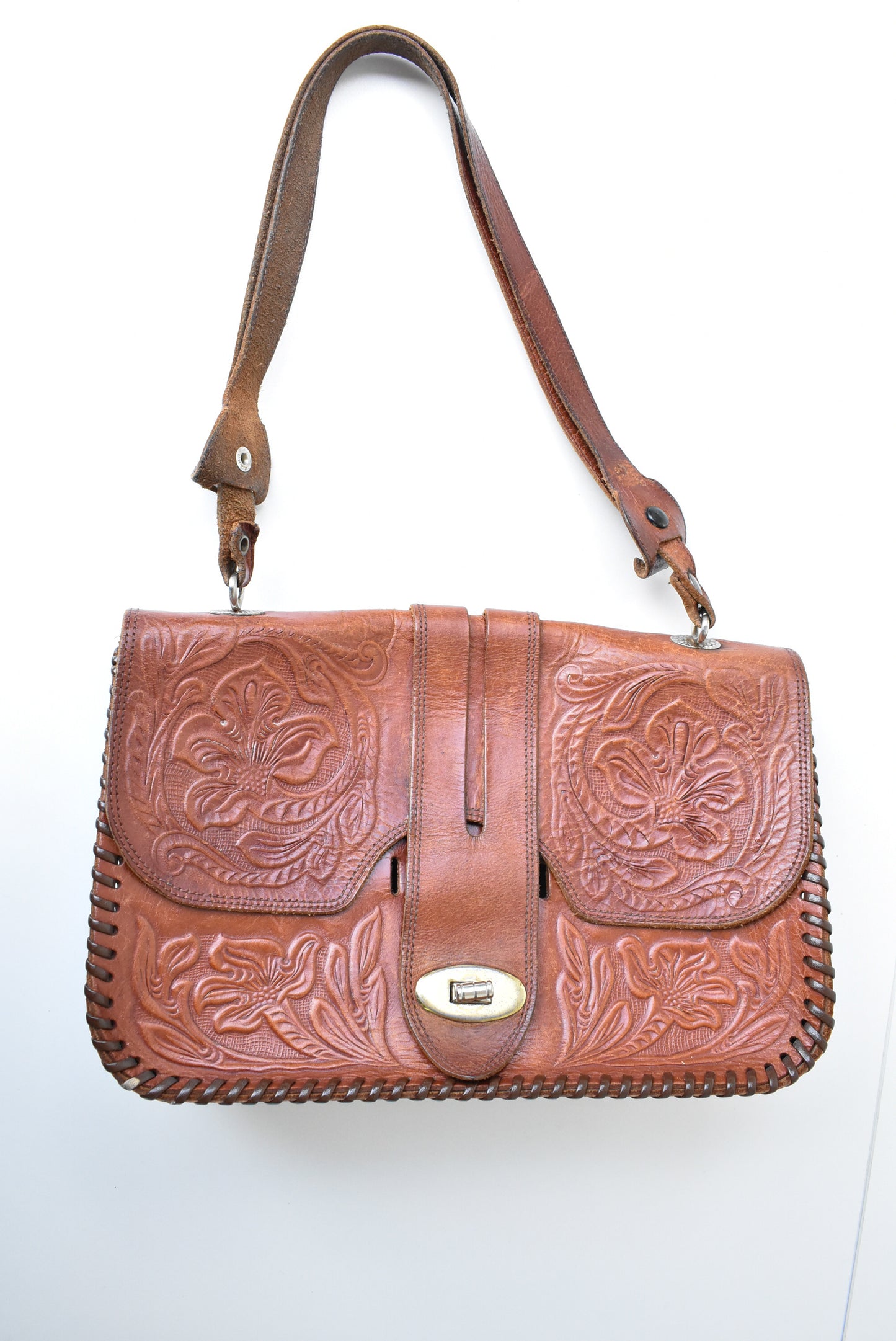 Retro tooled leather satchel style handbag