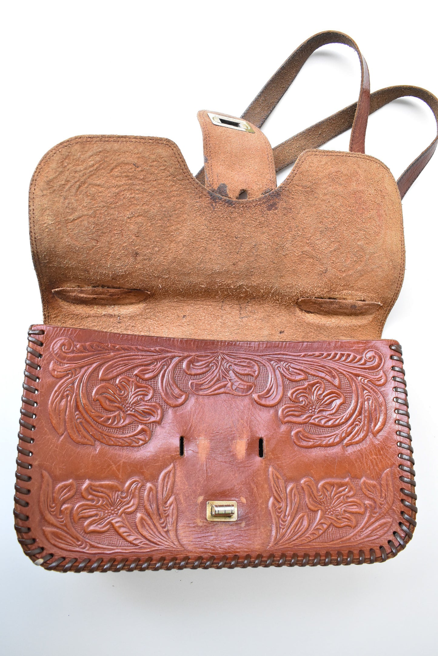 Retro tooled leather satchel style handbag