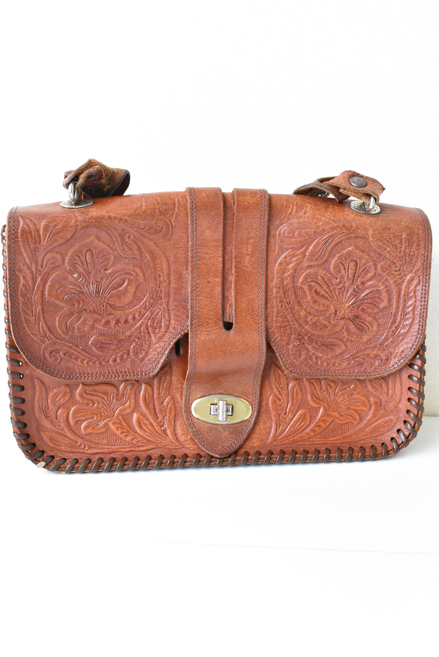 Retro tooled leather satchel style handbag
