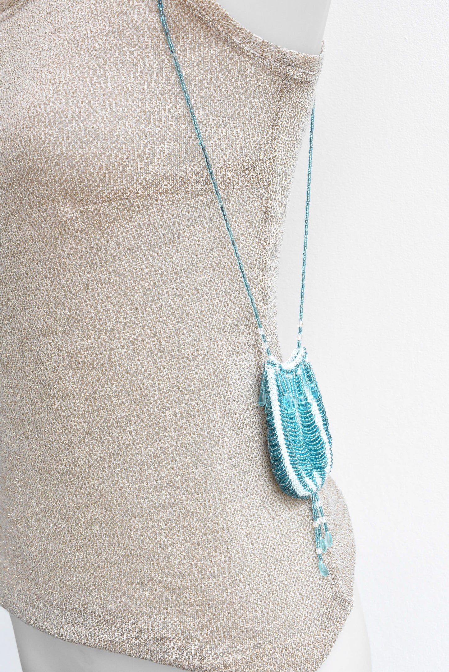Blue beaded mesh pouch