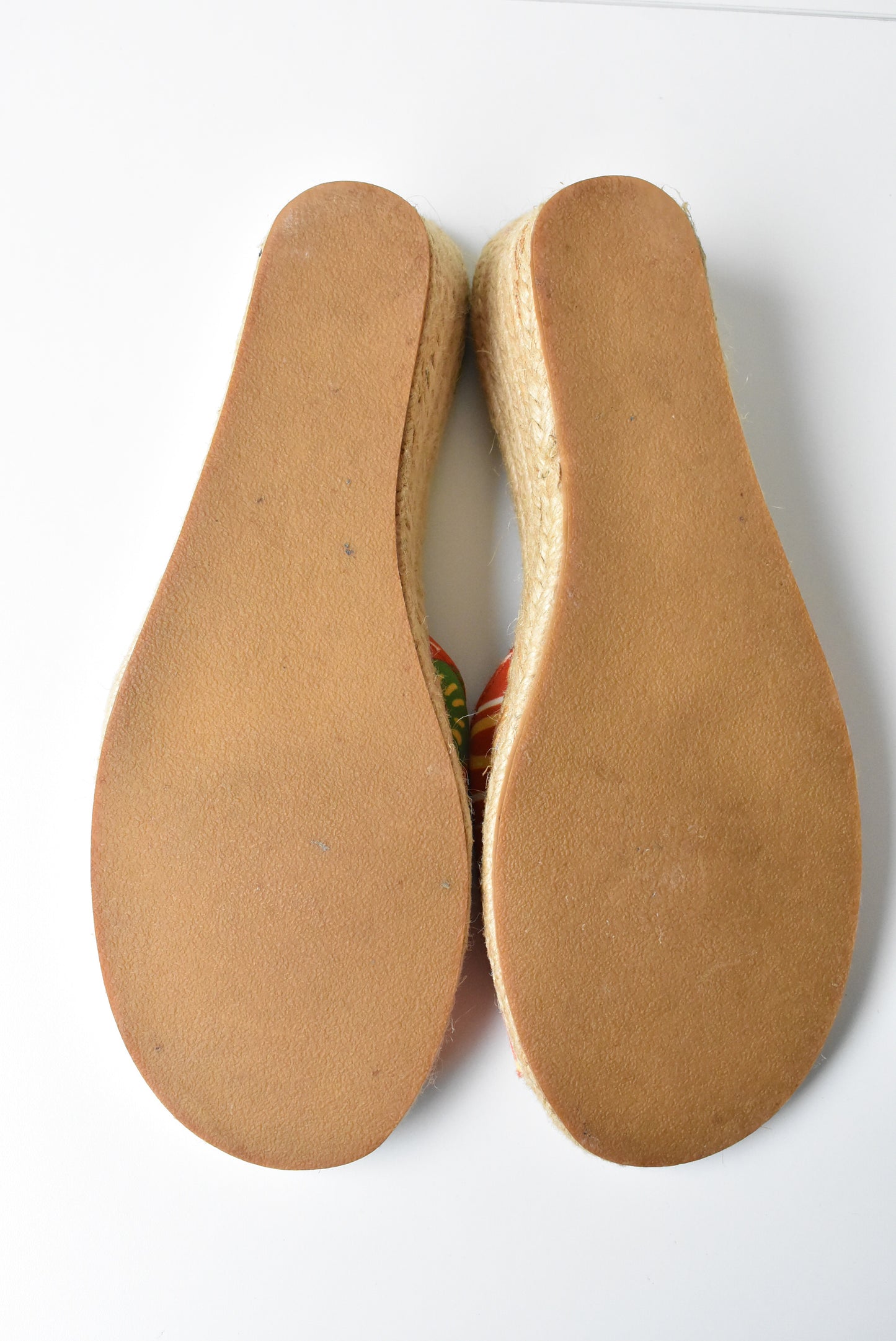 Camper green, orange, rattan wedge sandals