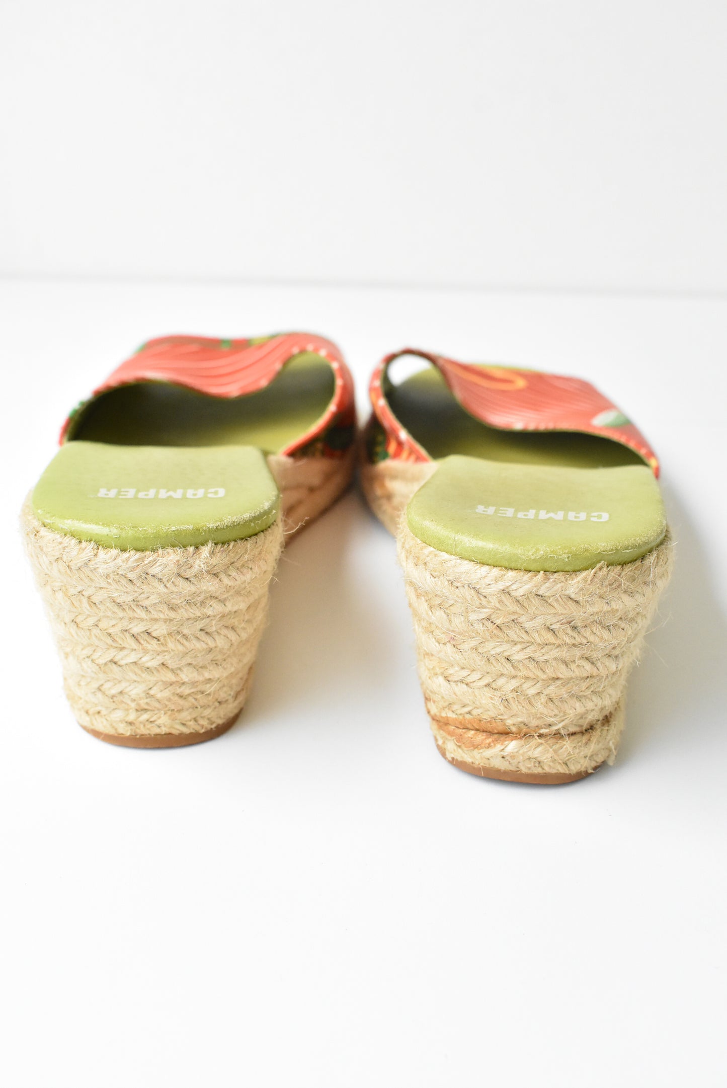 Camper green, orange, rattan wedge sandals