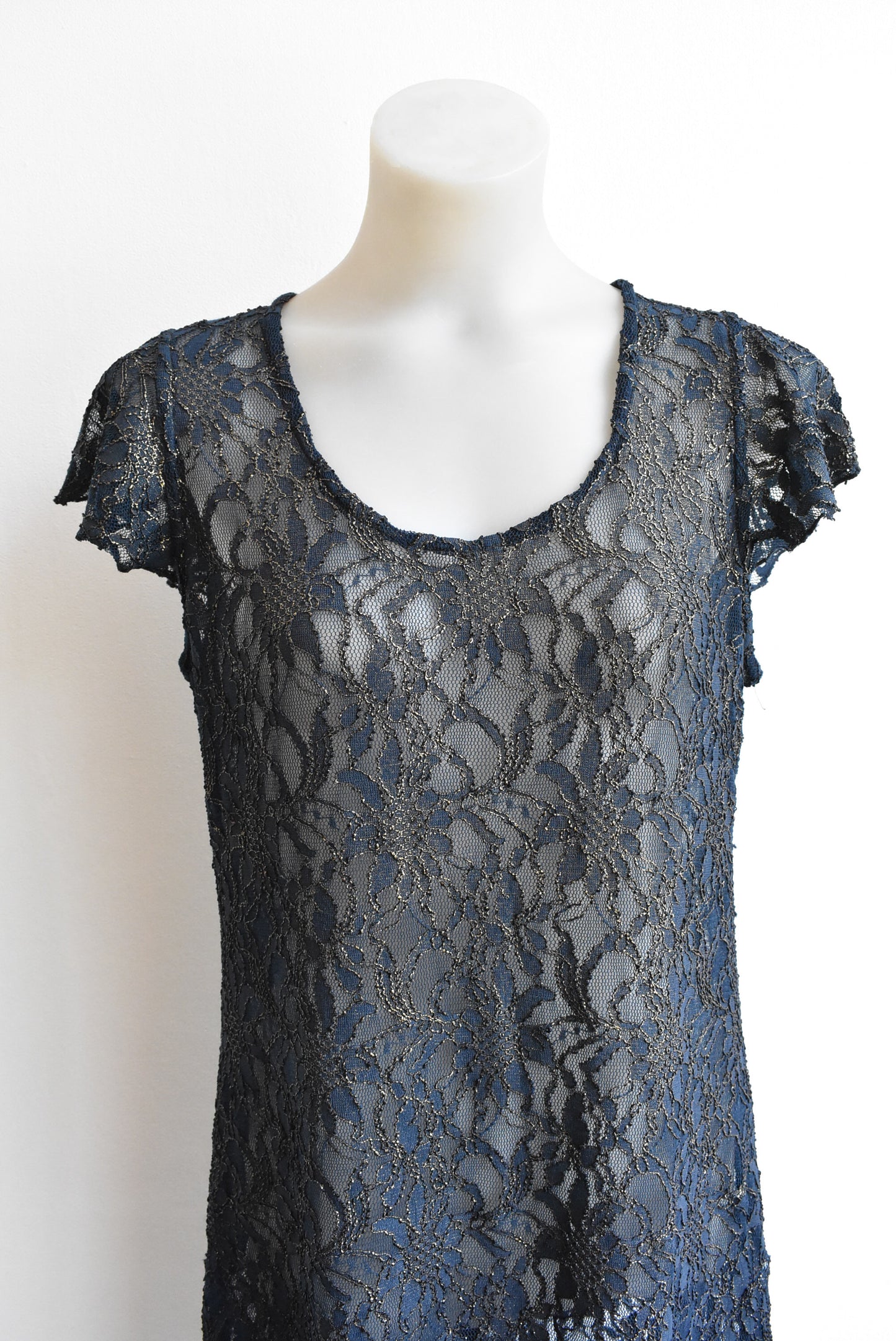 Vintage Collections navy and gold lace dress, size L