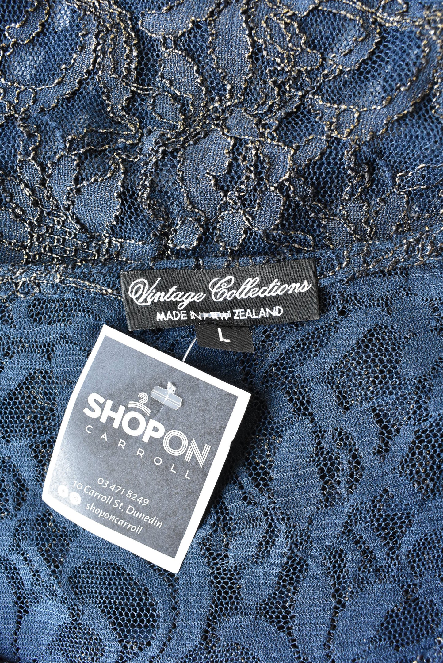 Vintage Collections navy and gold lace dress, size L