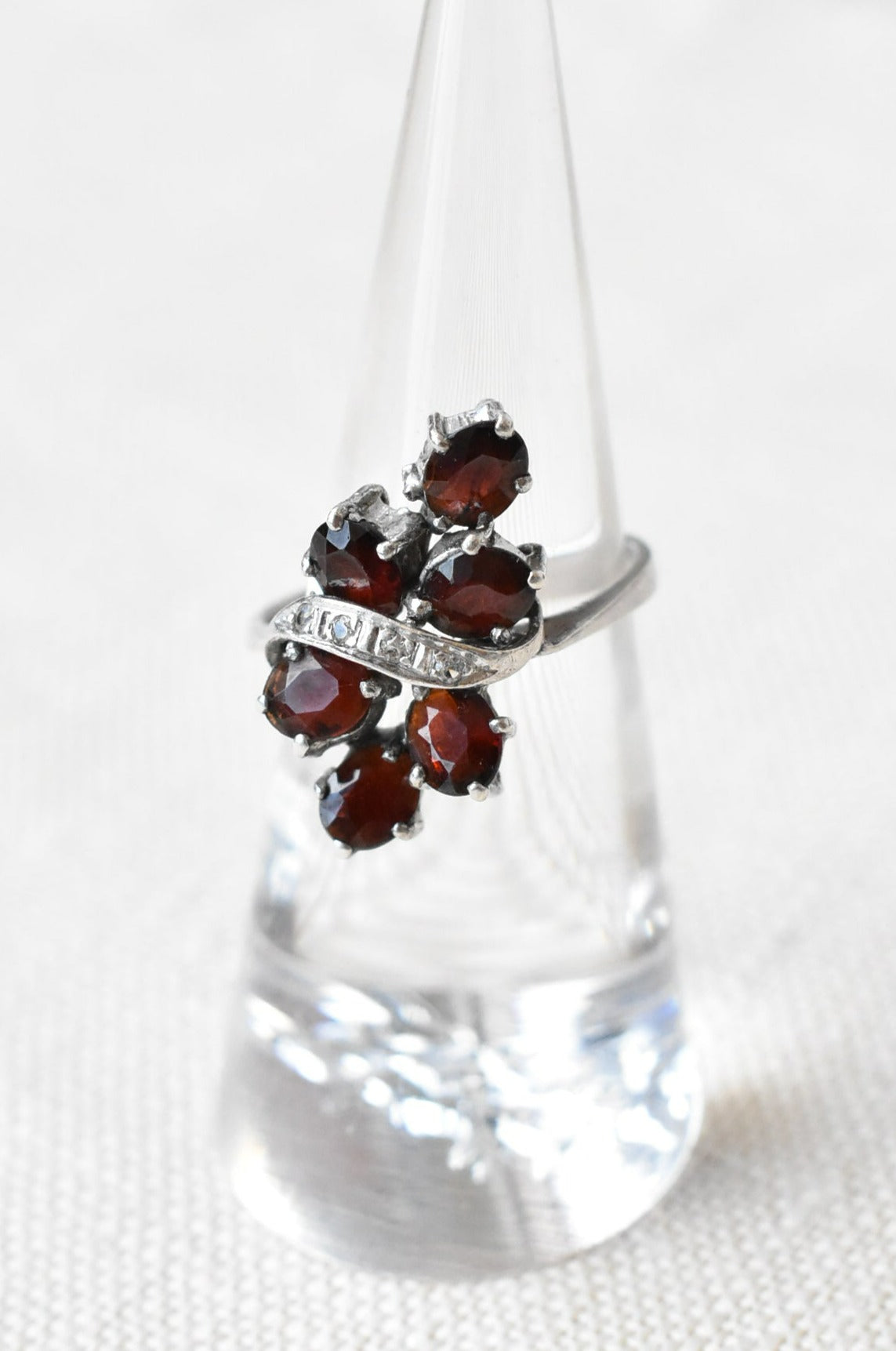 Diamond and garnet cluster costume ring