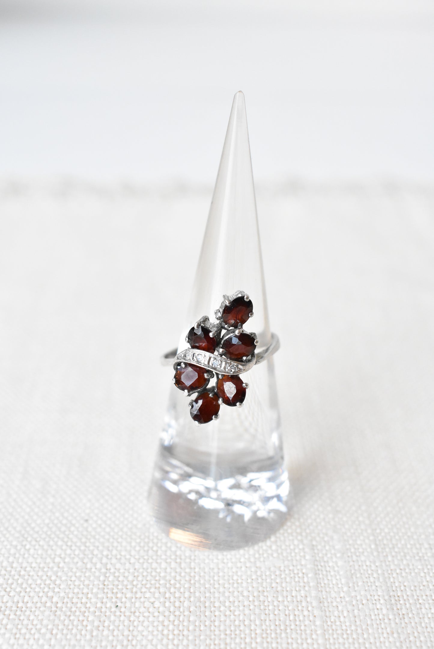 Diamond and garnet cluster costume ring