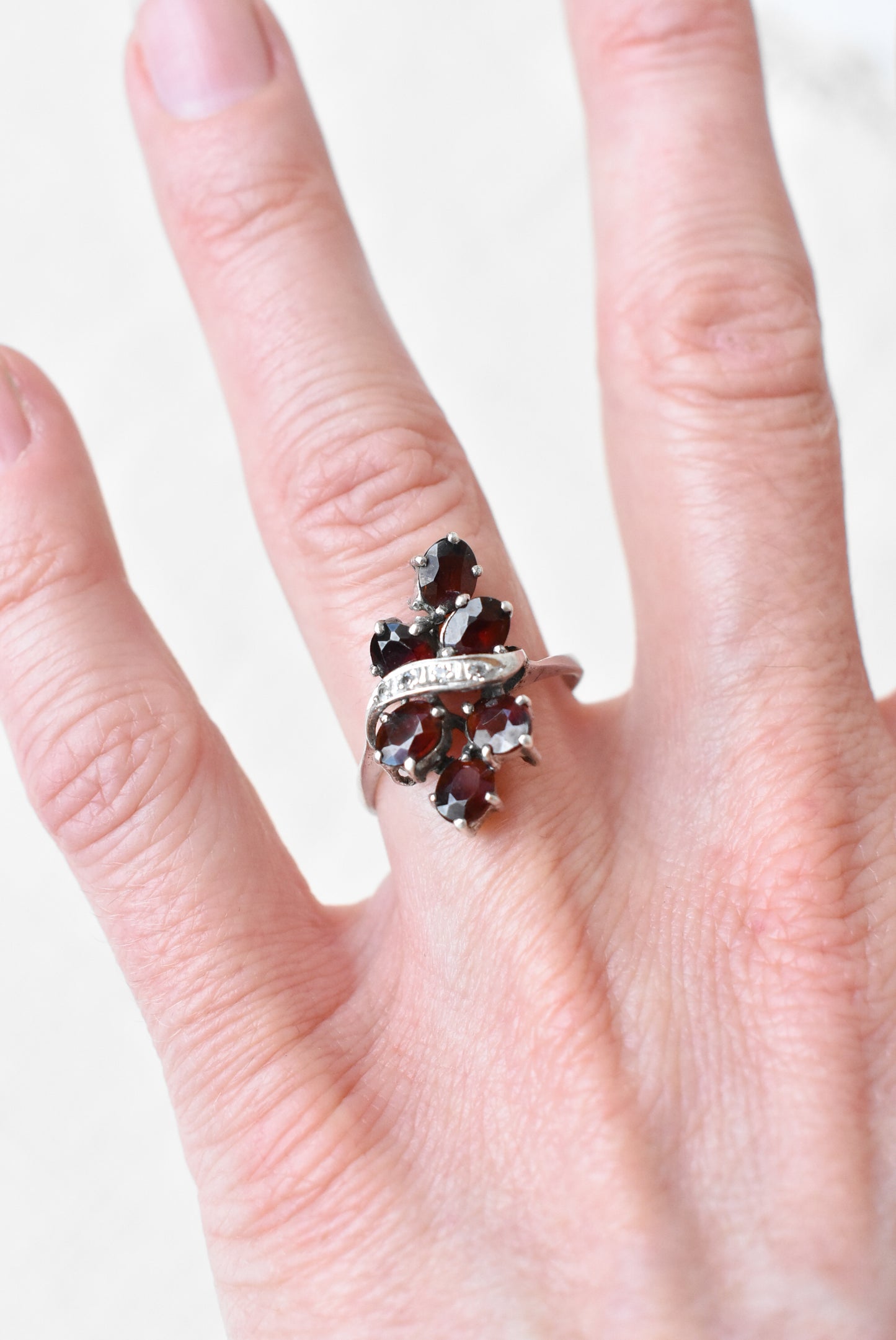 Diamond and garnet cluster costume ring