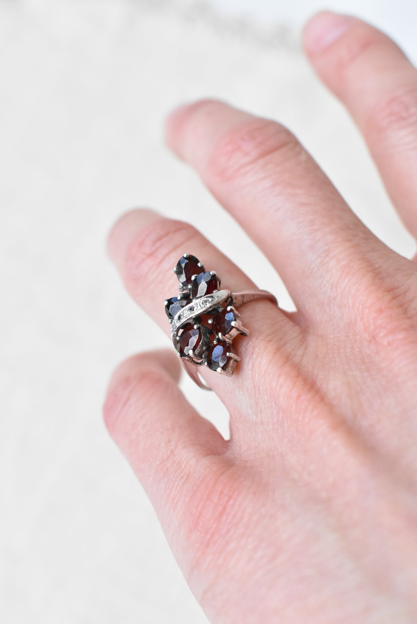 Diamond and garnet cluster costume ring