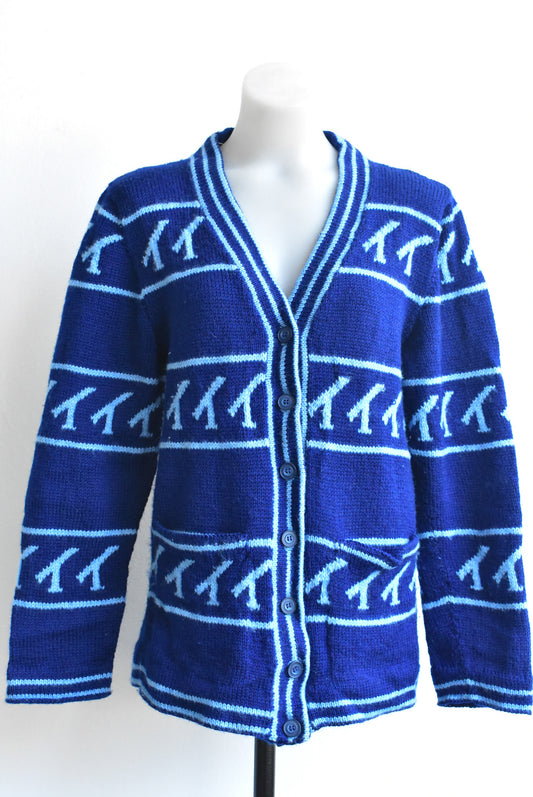 Funky hand knitted blue cardigan with pockets, M