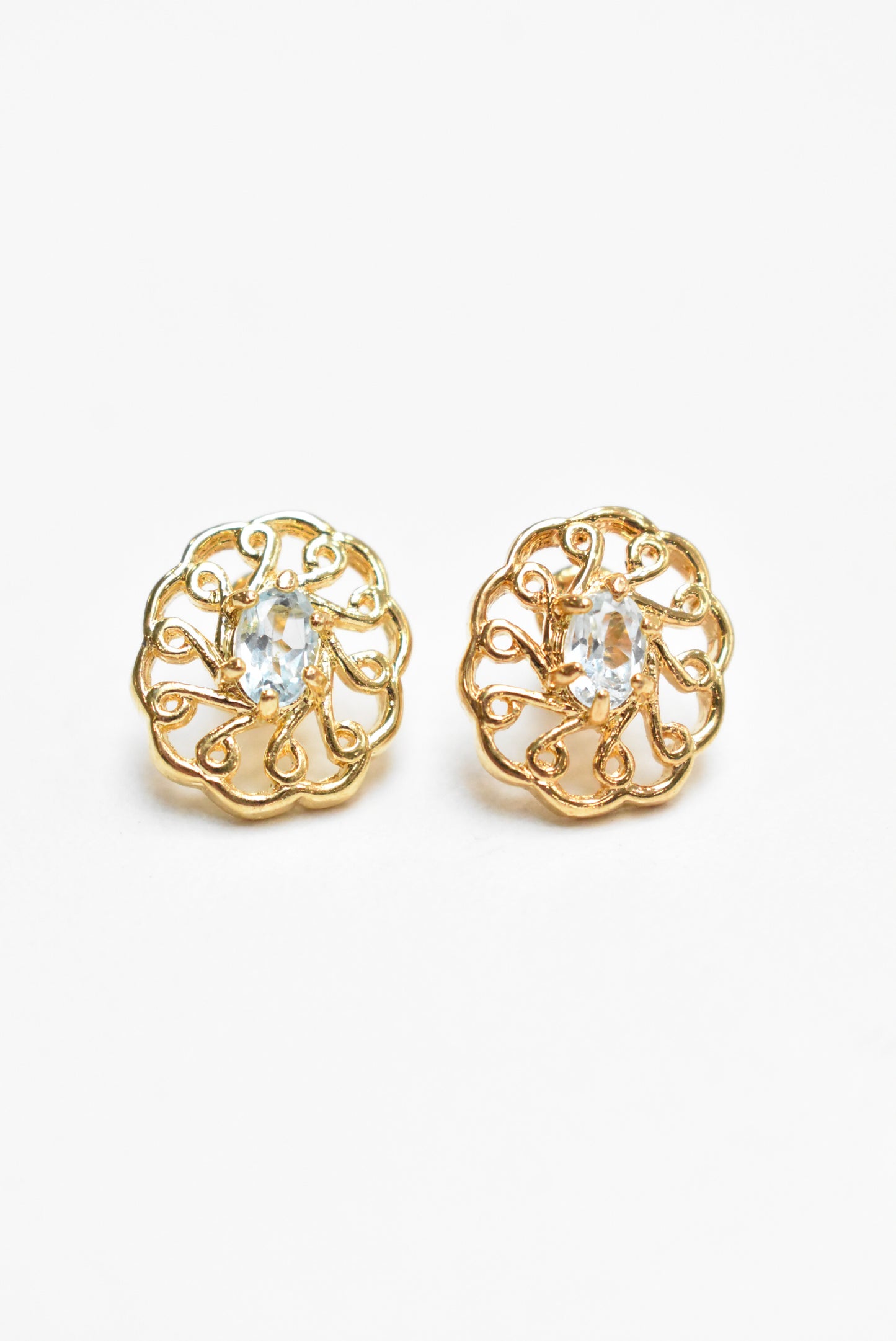 Gold tone earrings with pale blue stone