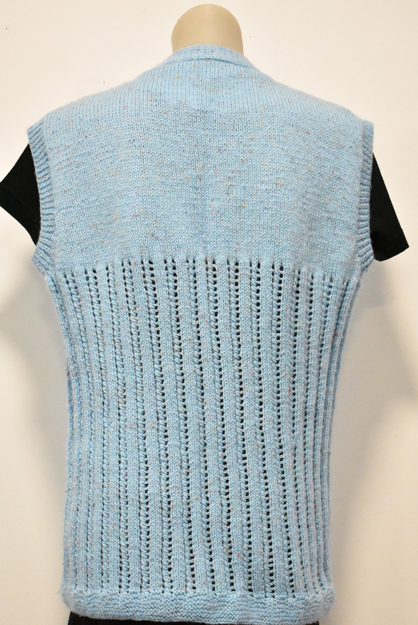 Cable and lace-knit hand crafted baby blue vest, M/L