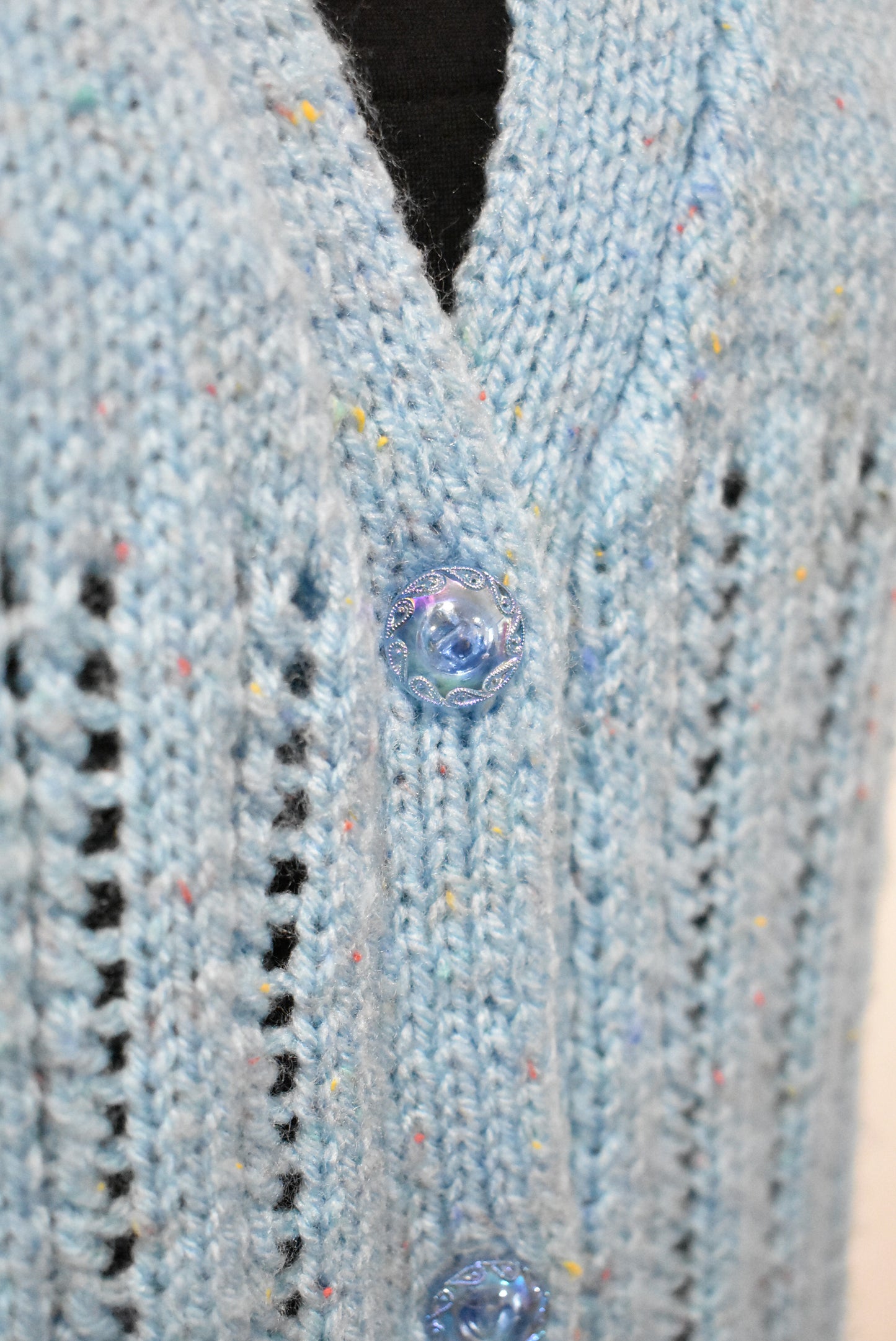 Cable and lace-knit hand crafted baby blue vest, M/L