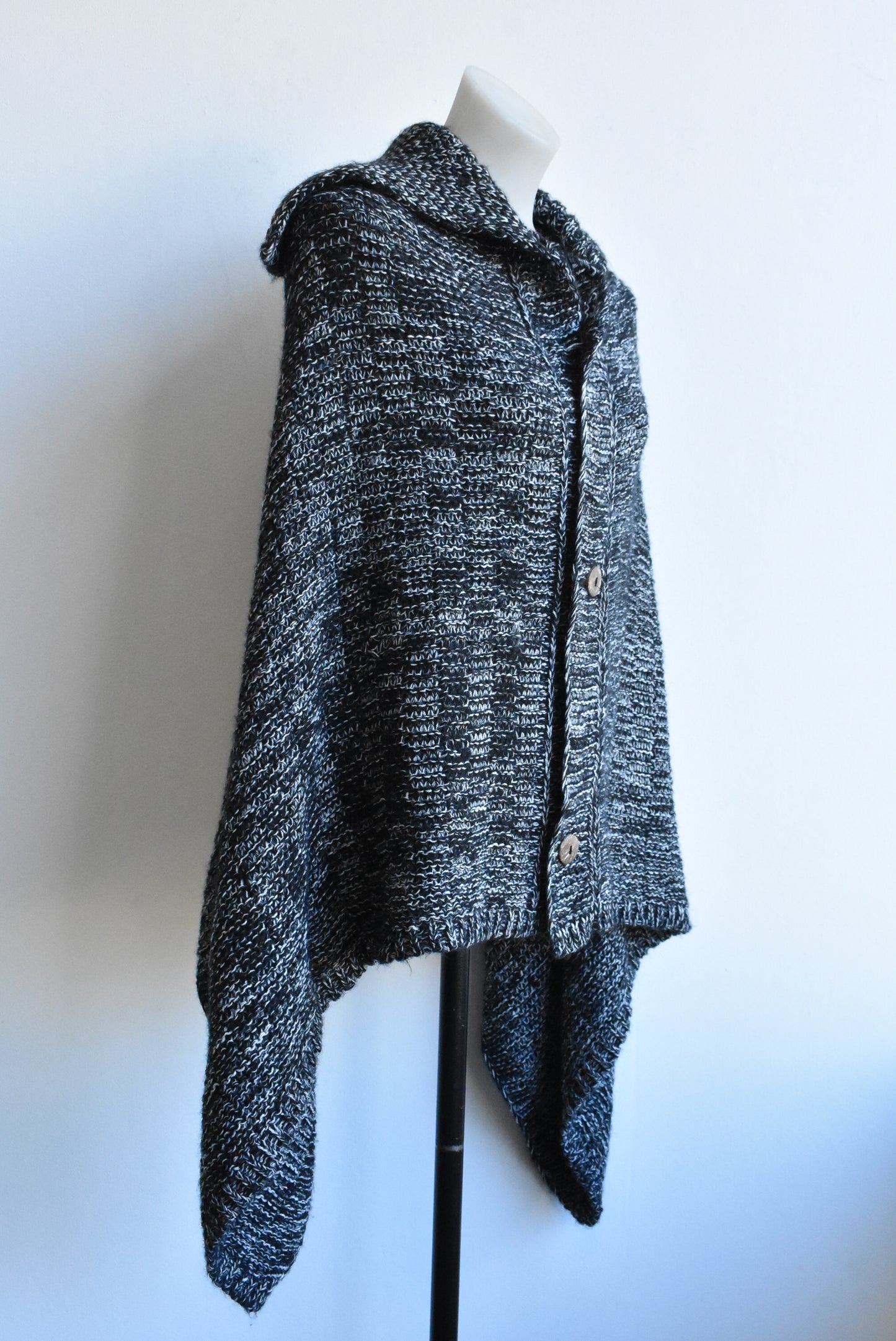 Black & white knit large buttoned poncho, OSFM