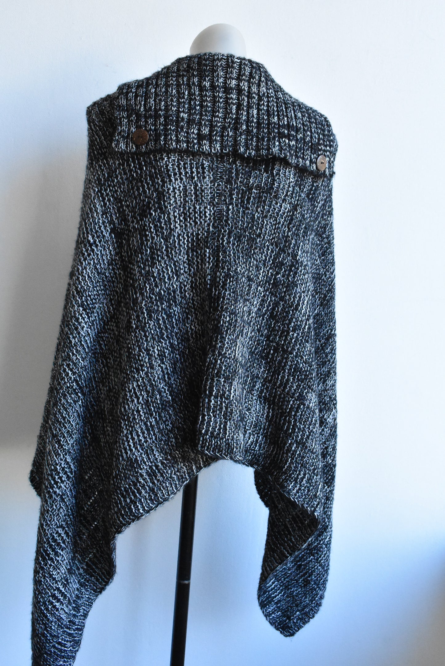 Black & white knit large buttoned poncho, OSFM