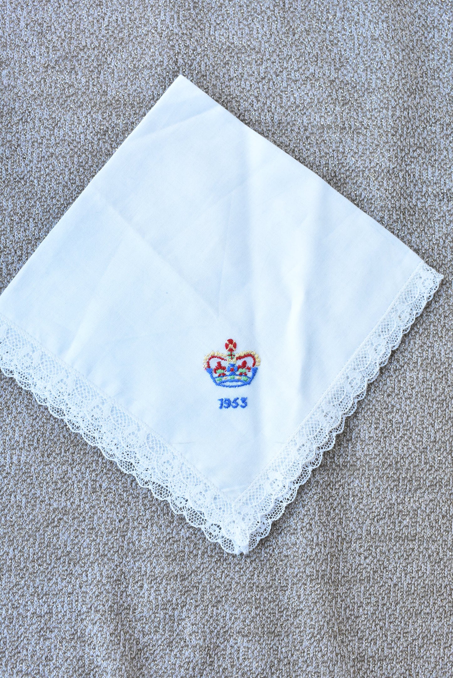 Lace-trimmed 1953 Coronation white handkerchief