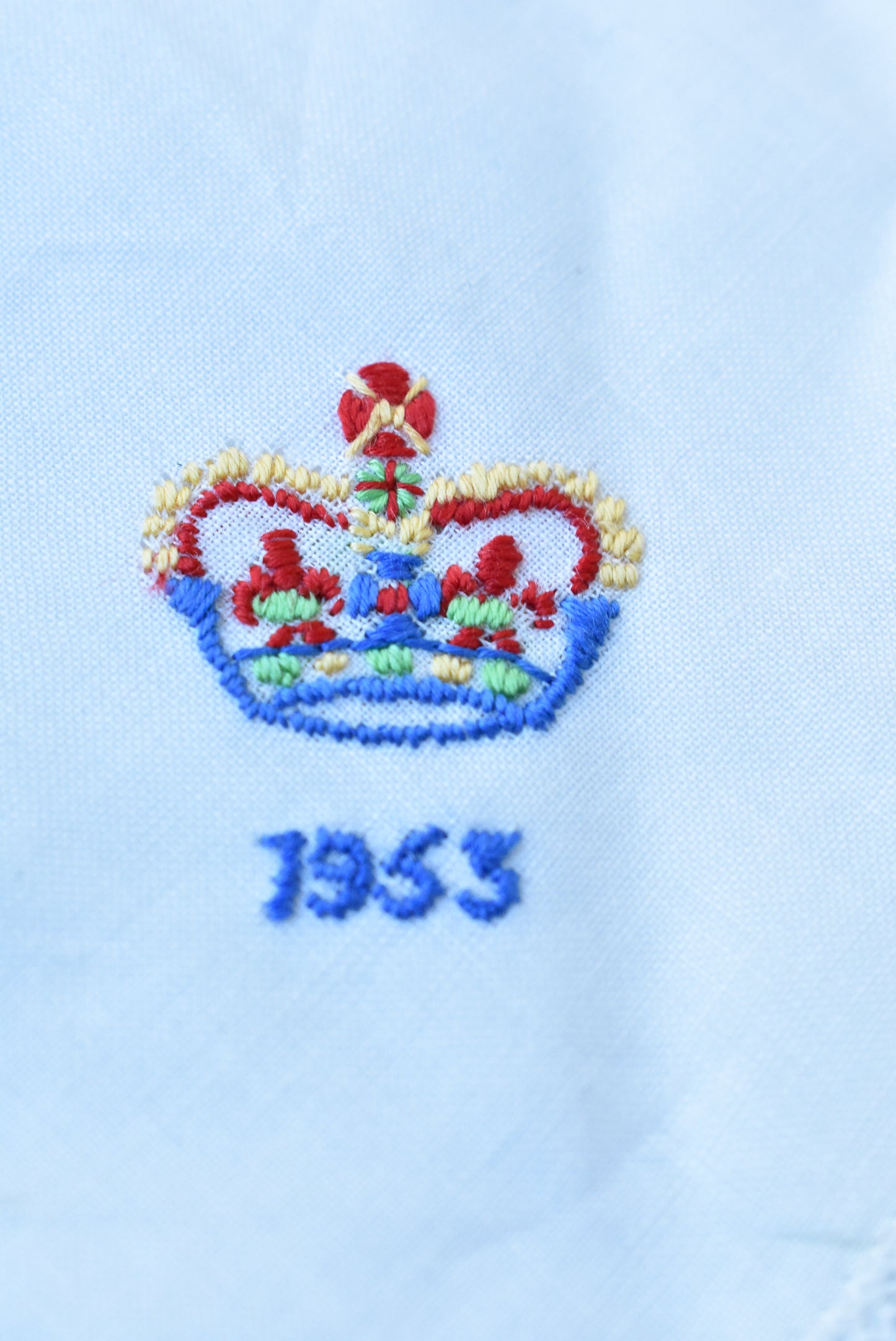 Lace-trimmed 1953 Coronation white handkerchief