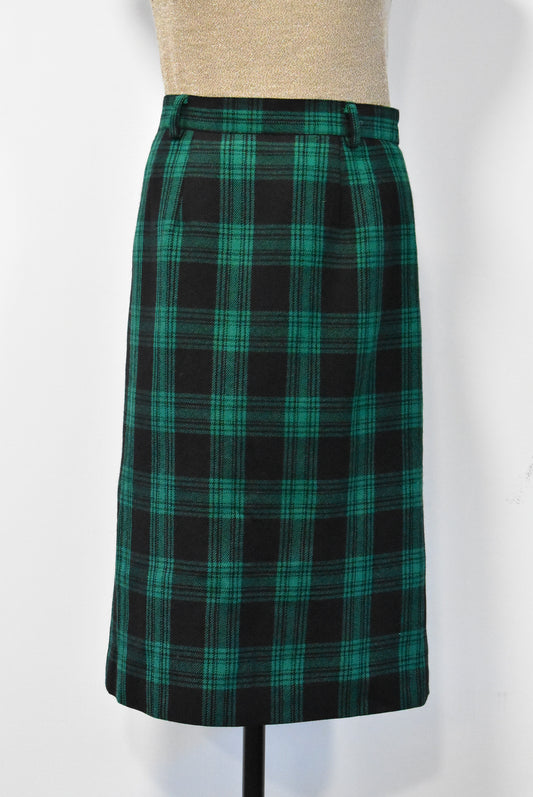 Green wool plaid skirt, S