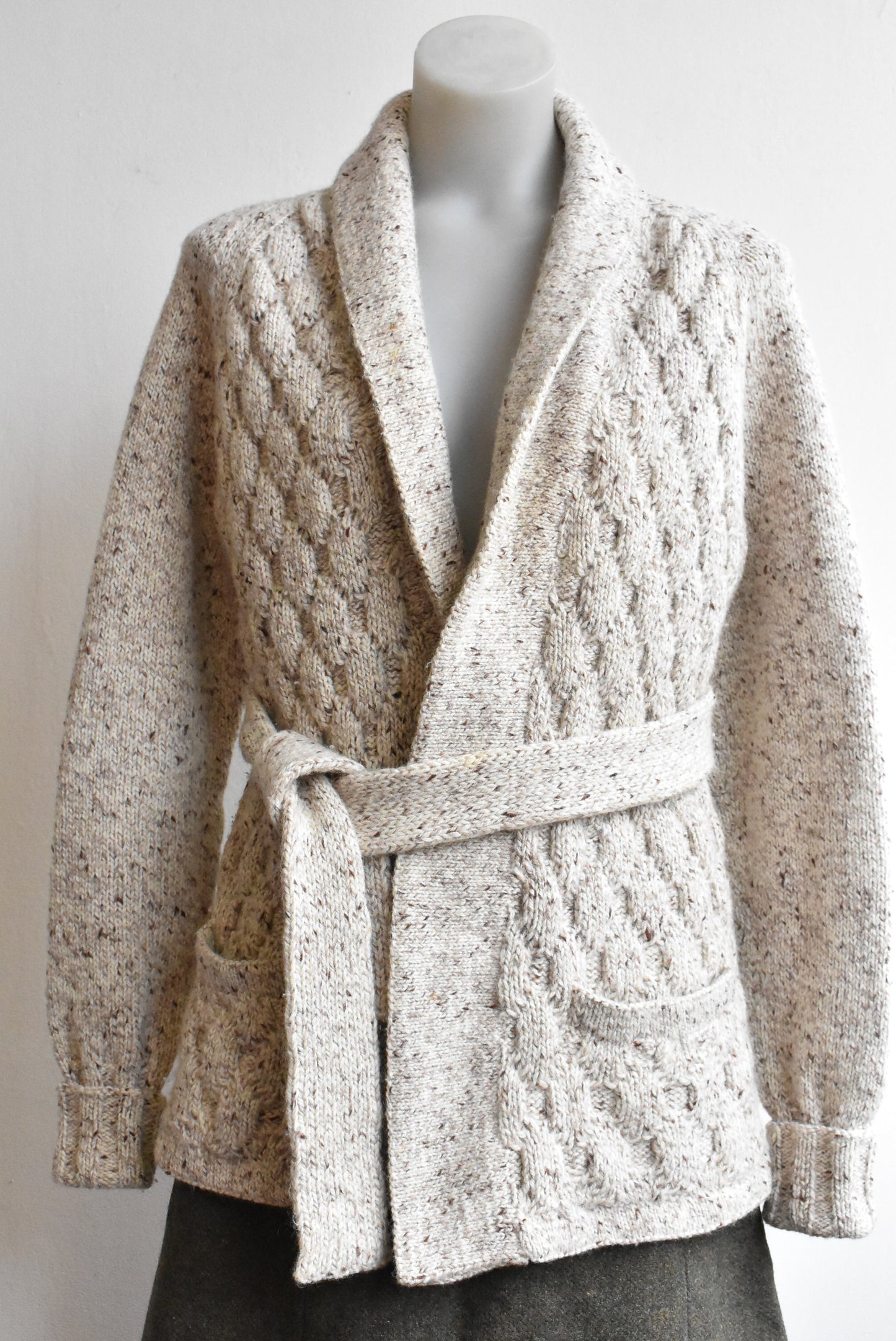 Handcrafted wool cableknit cardigan with belt, S/M